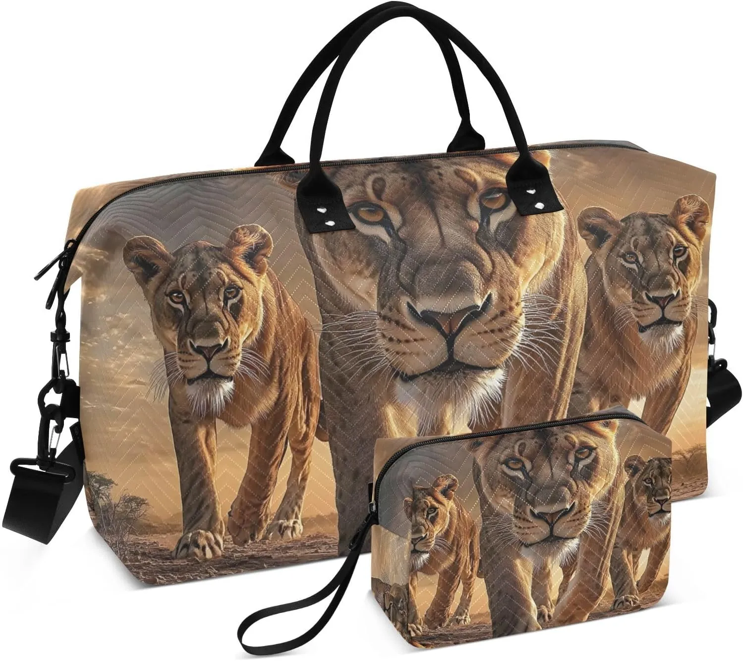 Lion Closeup Sunset Duffel Bag for Traveling, Gym Bags with Multiple Interior Pockets for Women Men Toiletry Purse Included 20.5”x 1.9” x 13.8”