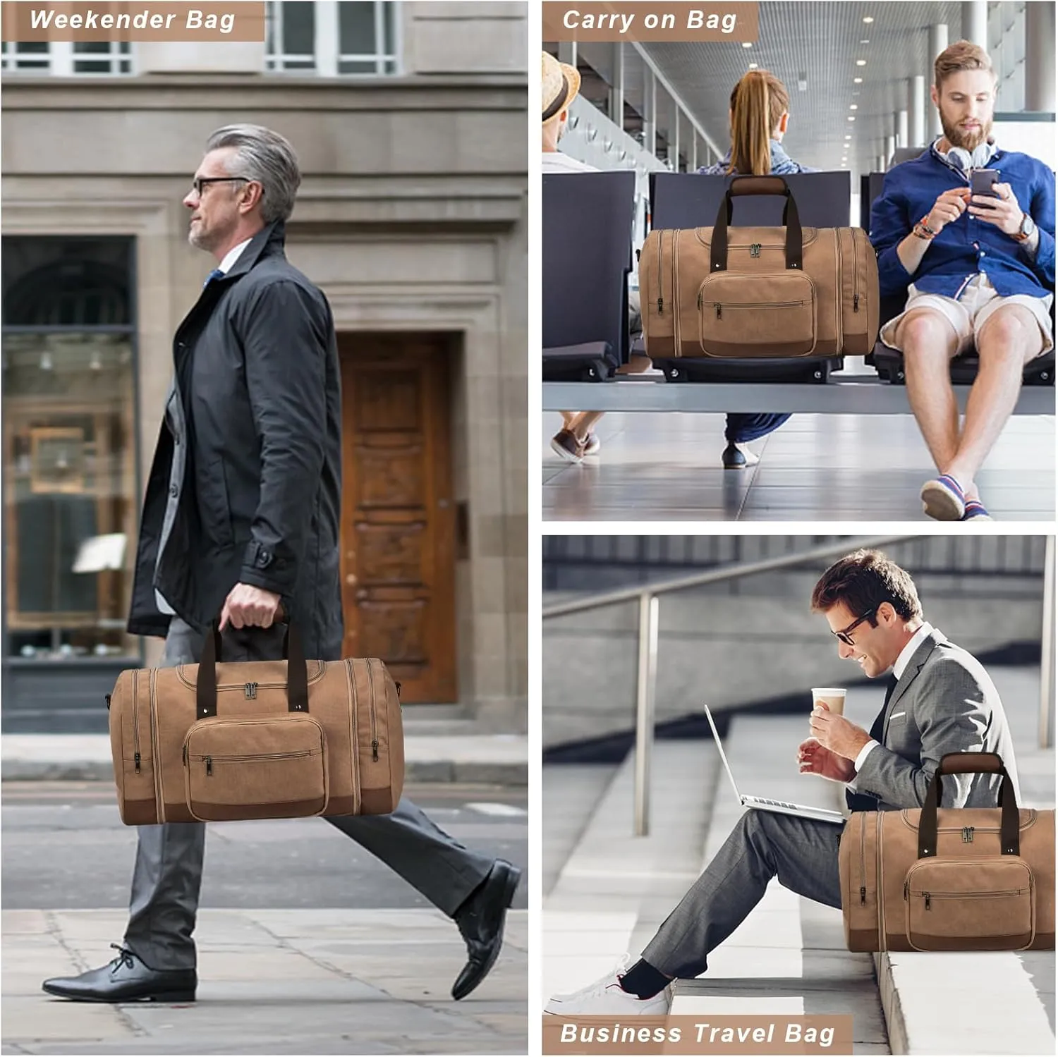 Litvyak Duffle Bag for Travel, Canvas Travel Duffel Bags Overnight Weekend Gym Carry on Luggage Bag for Men (Coffee Toiletry Bag)