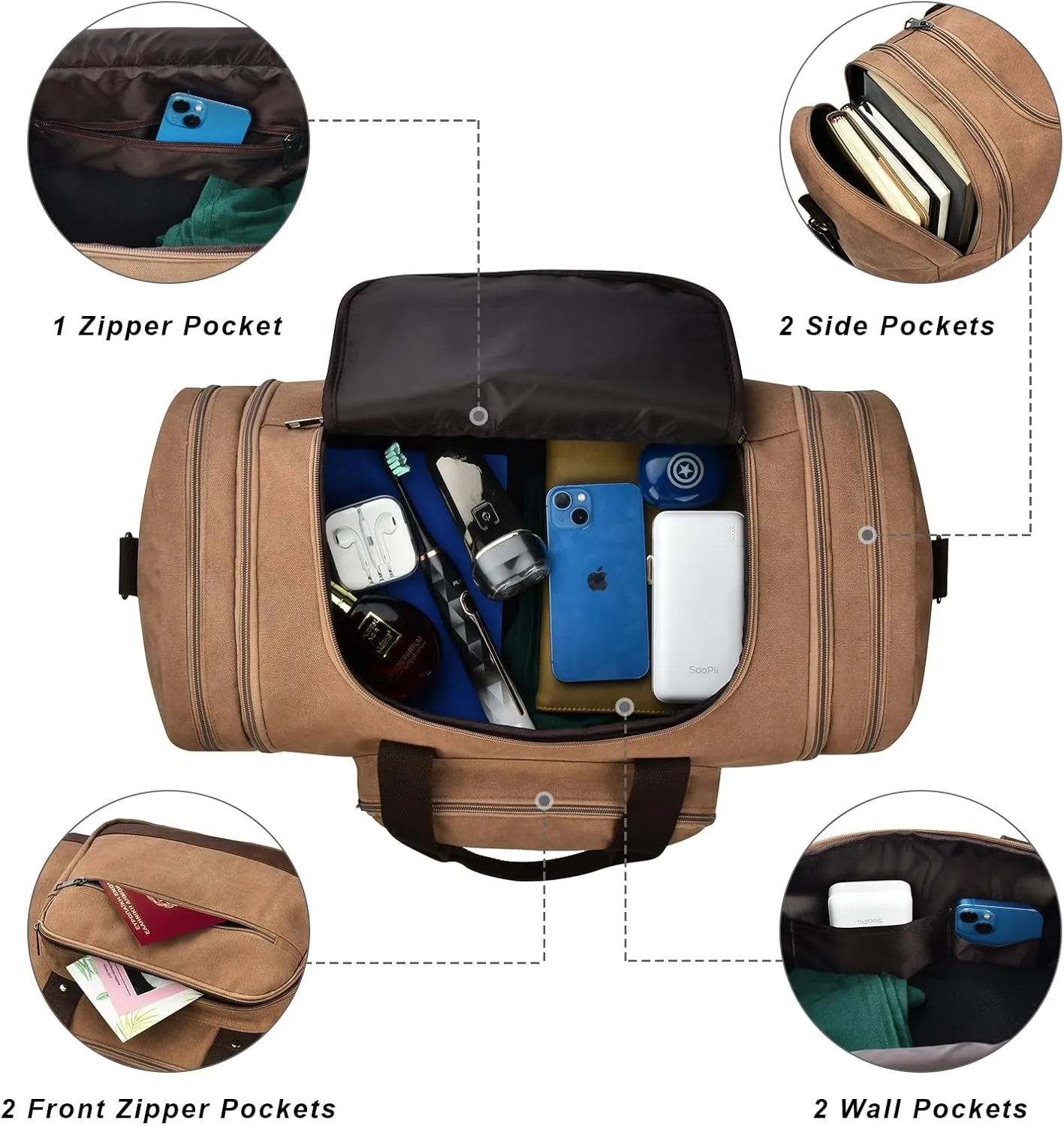 Litvyak Duffle Bag for Travel, Canvas Travel Duffel Bags Overnight Weekend Gym Carry on Luggage Bag for Men (Coffee Toiletry Bag)