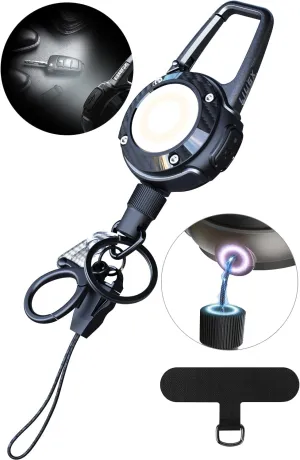 LIUGX LED Magnetic Retractable Keychain Flashlight 250 Lumens，USB-C Rechargeable, with Phone Tether Tabs, Retractable Badge Reel with 20”Dyneema Cord, 35oz, Ideal Keychain for Phone, Key, Badge Holder