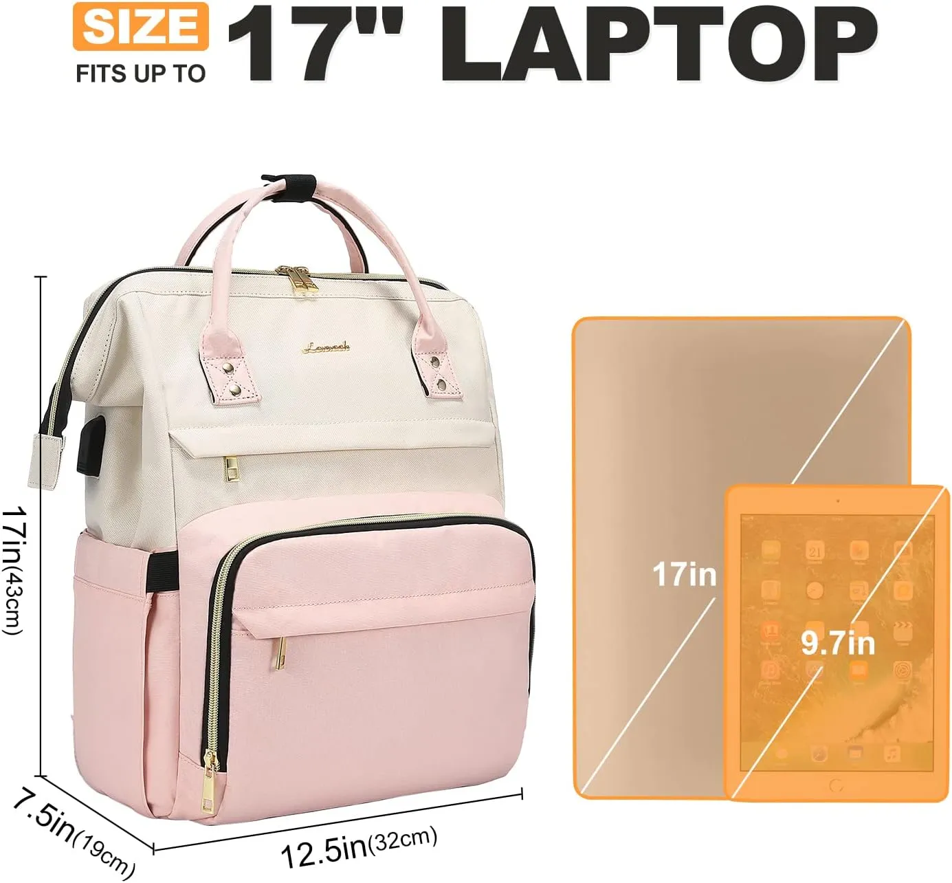 LOVEVOOK Laptop Backpack for Women, 17-inch Large Capacity Fashion Work Computer Backpacks Purse, Travel Business Bags, Doctor Nurse Backpack, Beige-Pink