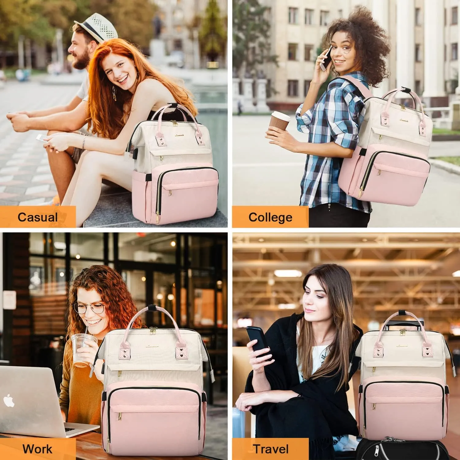LOVEVOOK Laptop Backpack for Women, 17-inch Large Capacity Fashion Work Computer Backpacks Purse, Travel Business Bags, Doctor Nurse Backpack, Beige-Pink