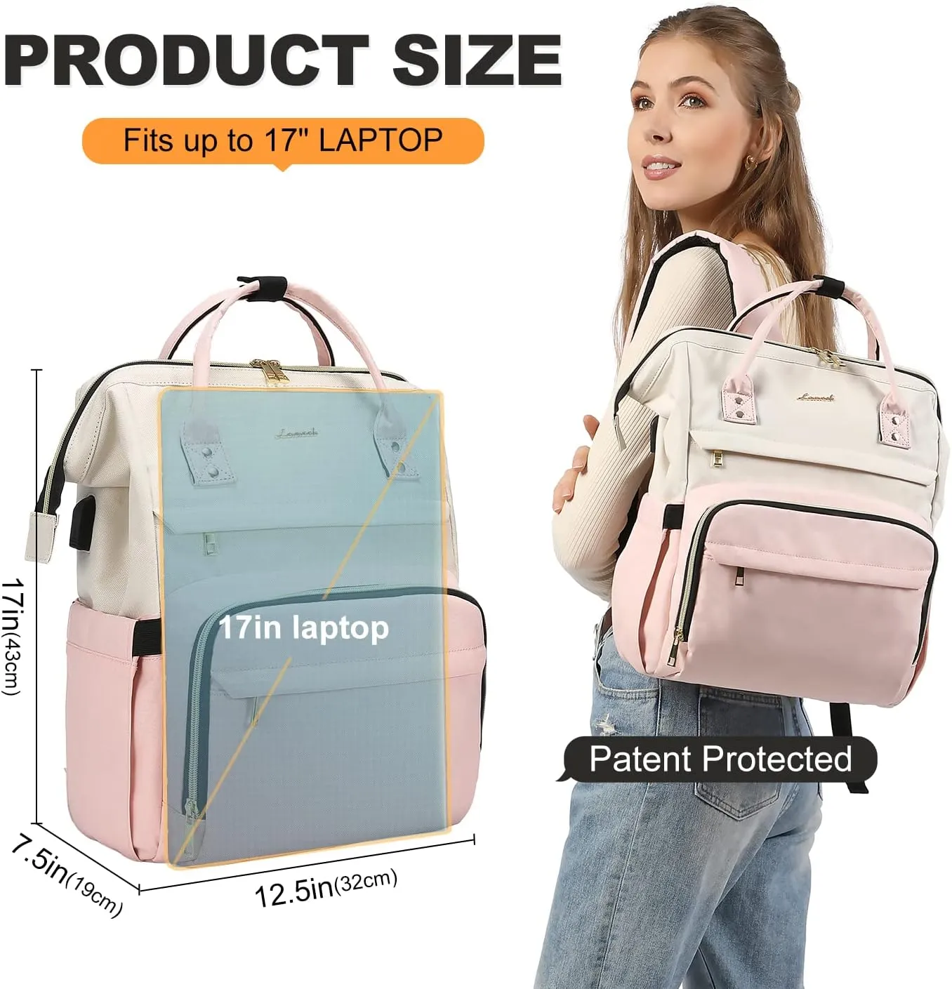 LOVEVOOK Laptop Backpack for Women, 17-inch Large Capacity Fashion Work Computer Backpacks Purse, Travel Business Bags, Doctor Nurse Backpack, Beige-Pink