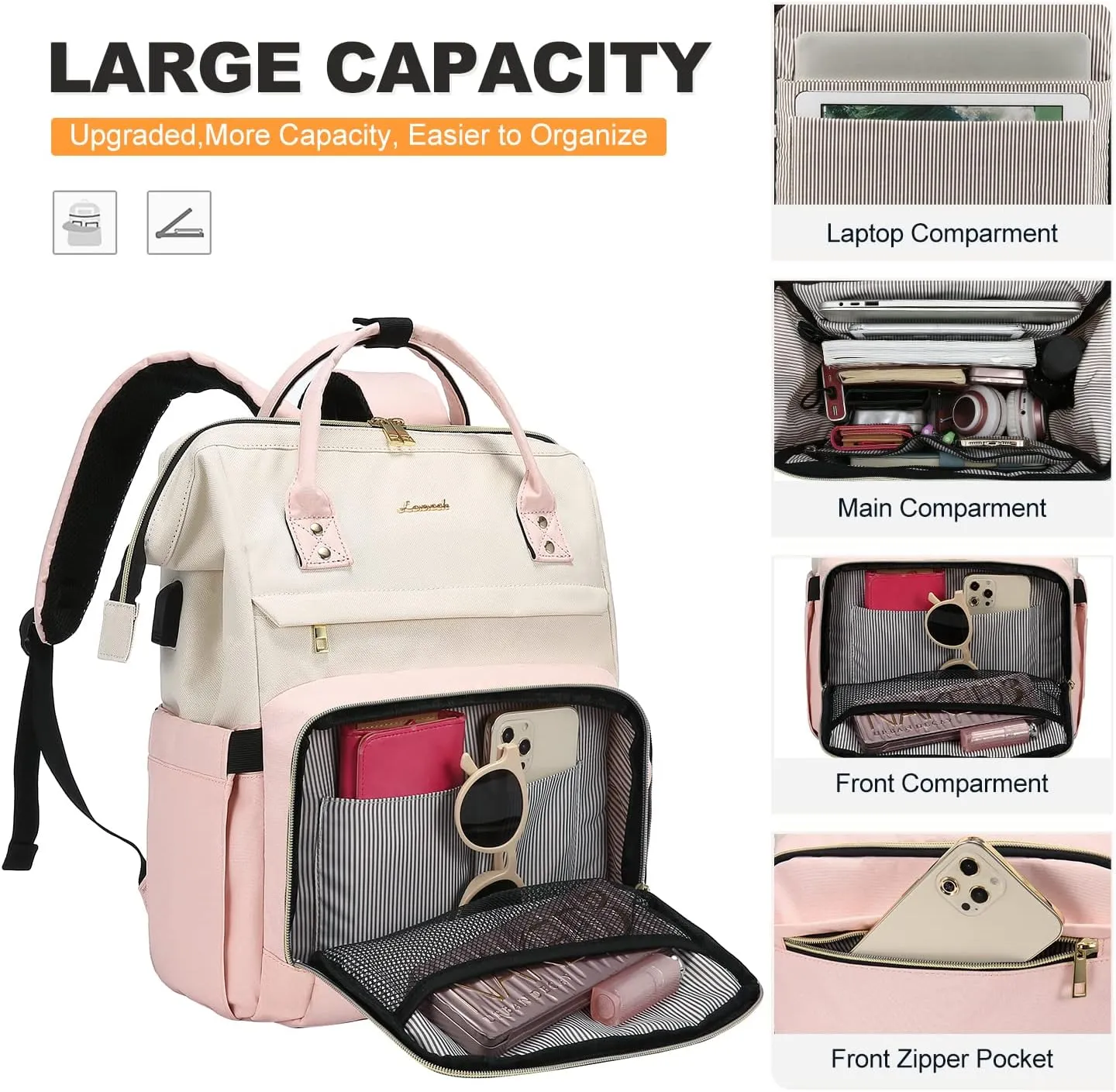 LOVEVOOK Laptop Backpack for Women, 17-inch Large Capacity Fashion Work Computer Backpacks Purse, Travel Business Bags, Doctor Nurse Backpack, Beige-Pink
