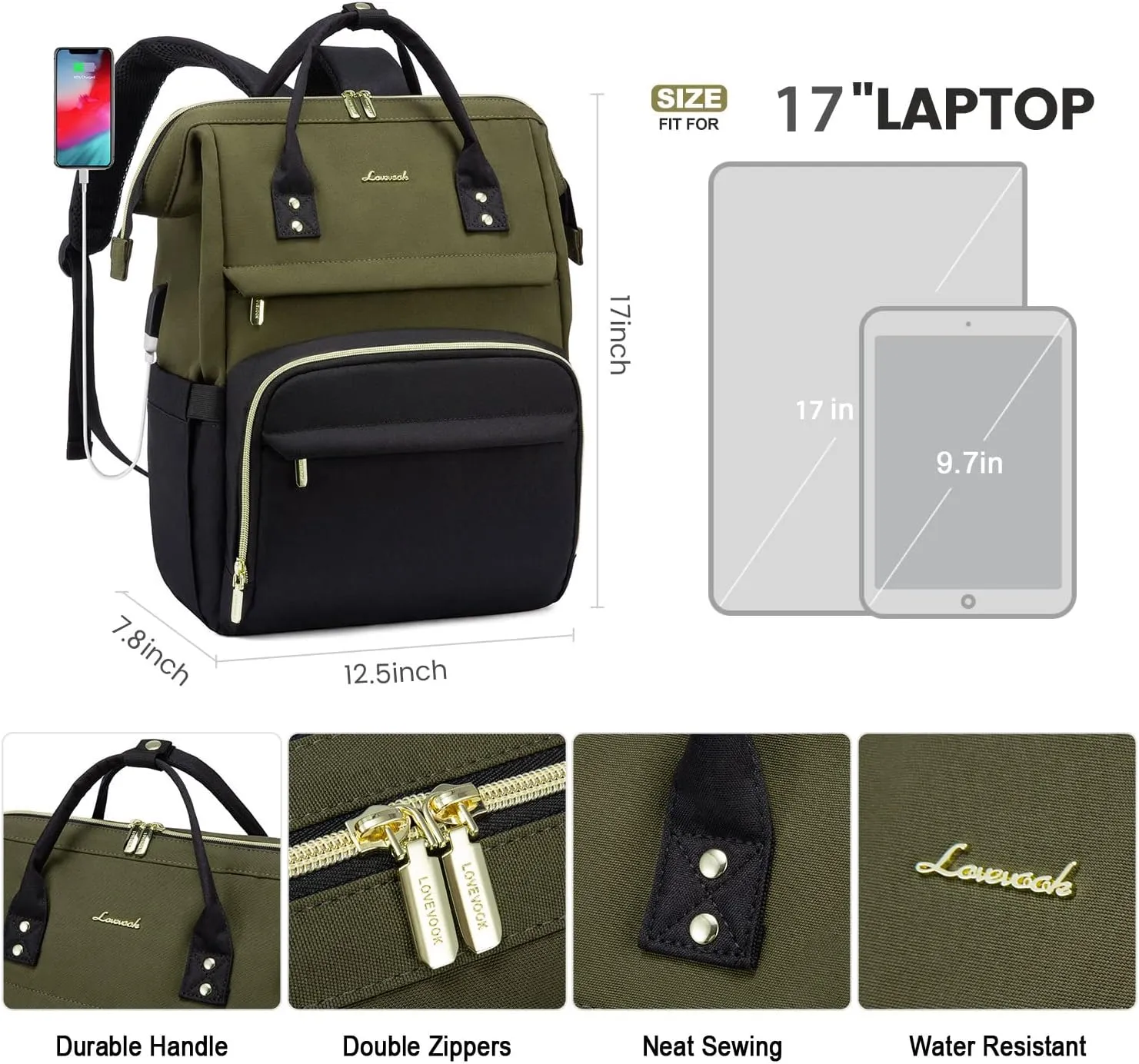 LOVEVOOK Laptop Backpack for Women, 17-inch Large Capacity Fashion Work Computer Backpacks, Travel Business Bags Purse, Teacher Doctor Nurse Backpack with USB Port, Army Green-Black
