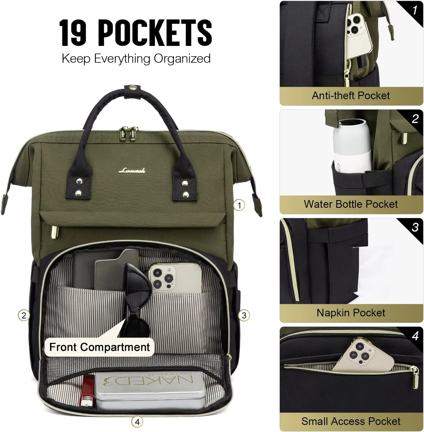 LOVEVOOK Laptop Backpack for Women, 17-inch Large Capacity Fashion Work Computer Backpacks, Travel Business Bags Purse, Teacher Doctor Nurse Backpack with USB Port, Army Green-Black