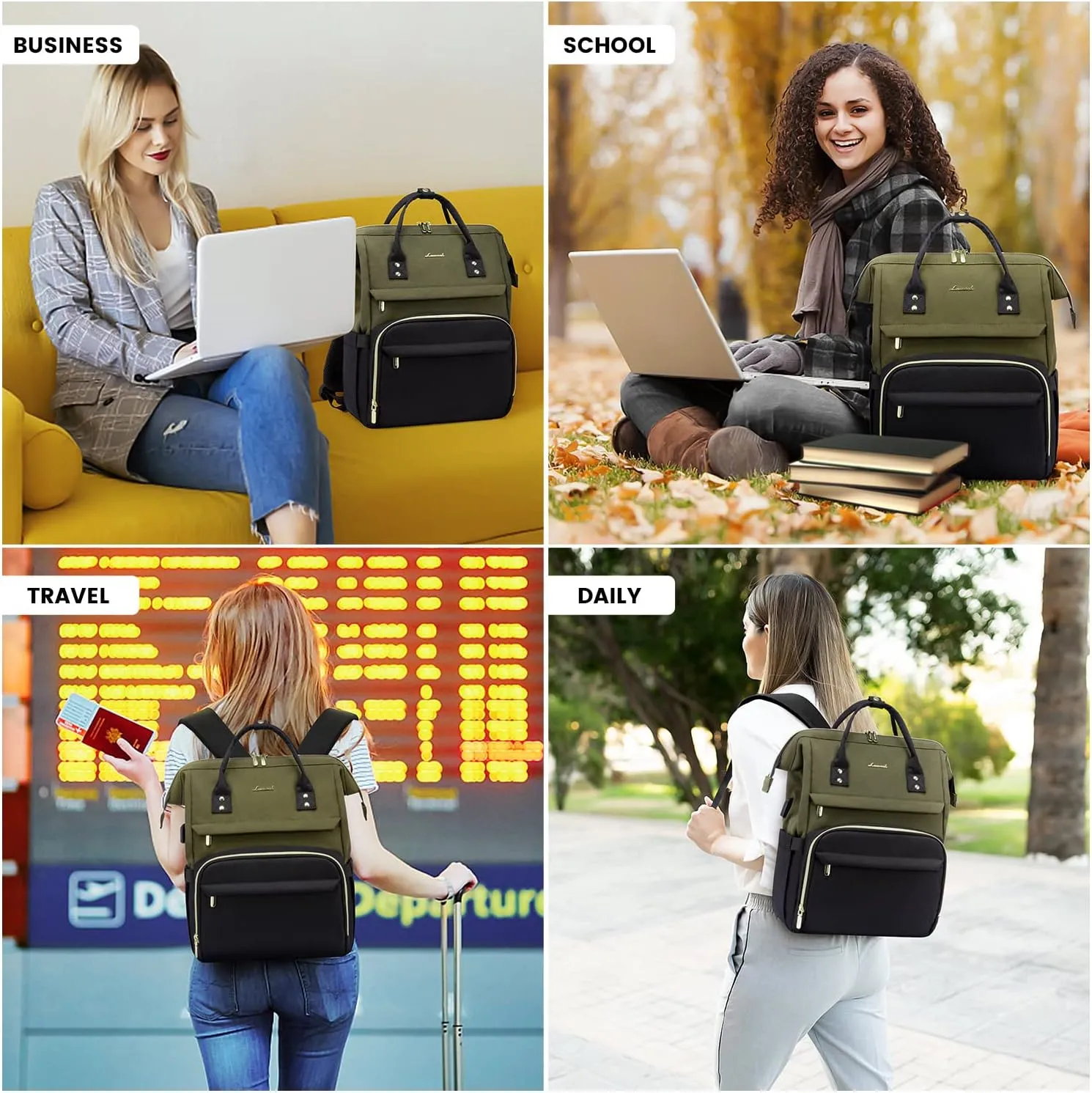 LOVEVOOK Laptop Backpack for Women, 17-inch Large Capacity Fashion Work Computer Backpacks, Travel Business Bags Purse, Teacher Doctor Nurse Backpack with USB Port, Army Green-Black