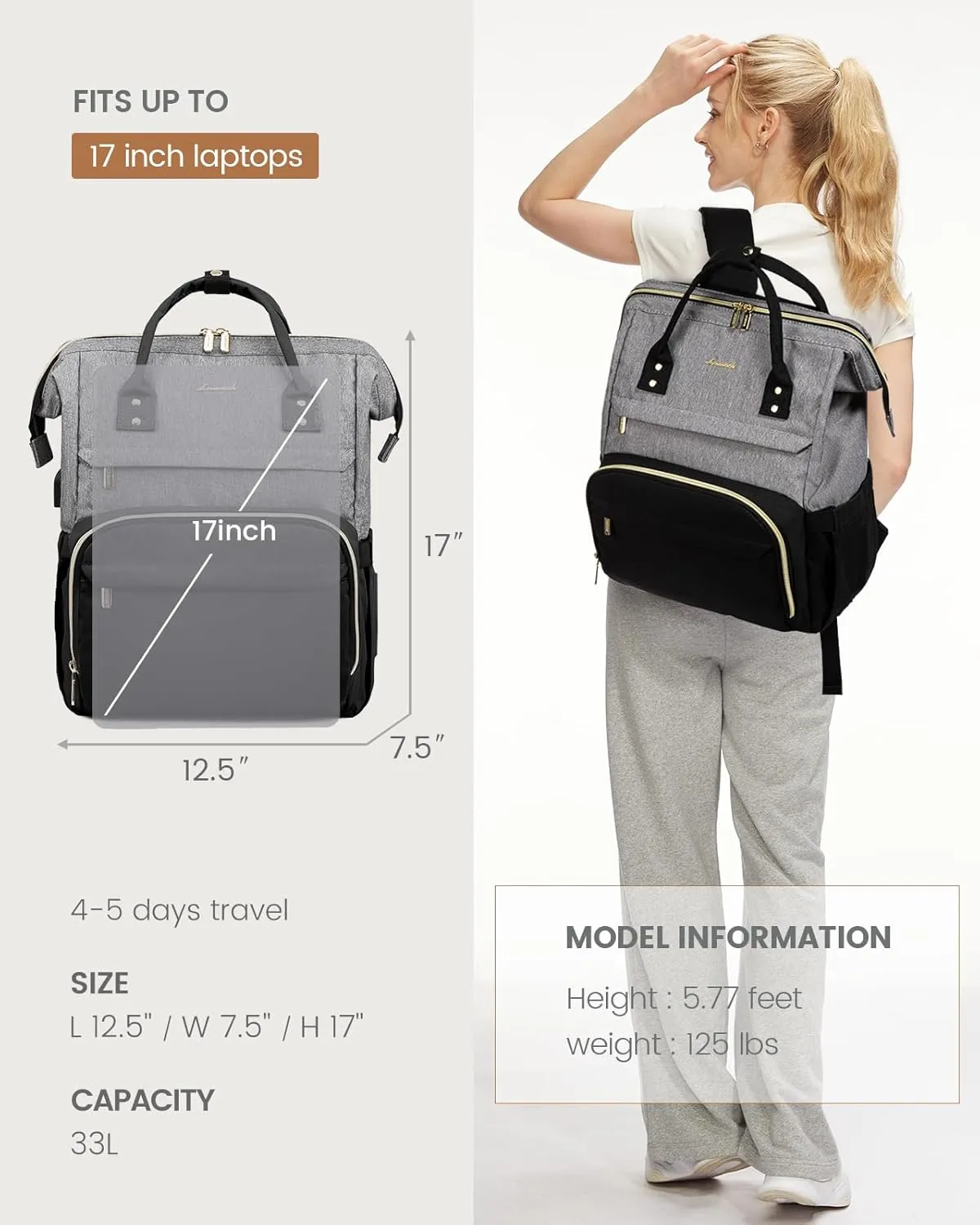 LOVEVOOK Laptop Backpack for Women Fashion Business Computer Backpacks Travel Bags Purse Doctor Nurse Work Backpack with USB Port, Fits 17-Inch Laptop Grey Black