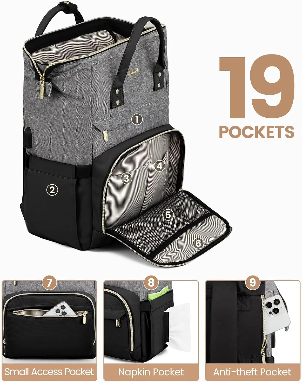 LOVEVOOK Laptop Backpack for Women Fashion Business Computer Backpacks Travel Bags Purse Doctor Nurse Work Backpack with USB Port, Fits 17-Inch Laptop Grey Black
