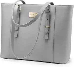 LOVEVOOK Laptop Bag for Women, Structured Leather Computer Bag, Professional Work Tote Purse, Teacher/Attorney’s Choice, Light-Grey
