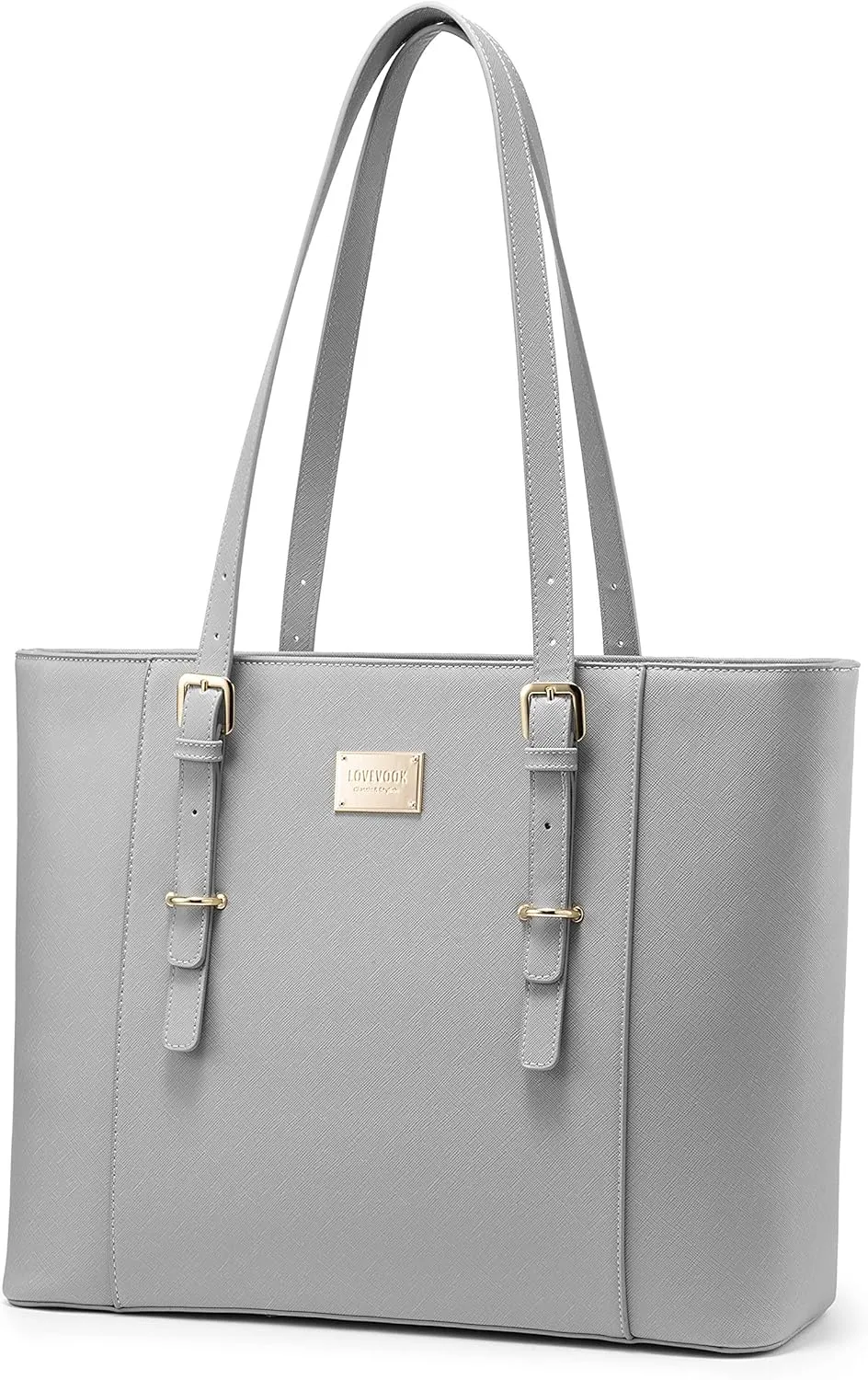 LOVEVOOK Laptop Bag for Women, Structured Leather Computer Bag, Professional Work Tote Purse, Teacher/Attorney’s Choice, Light-Grey