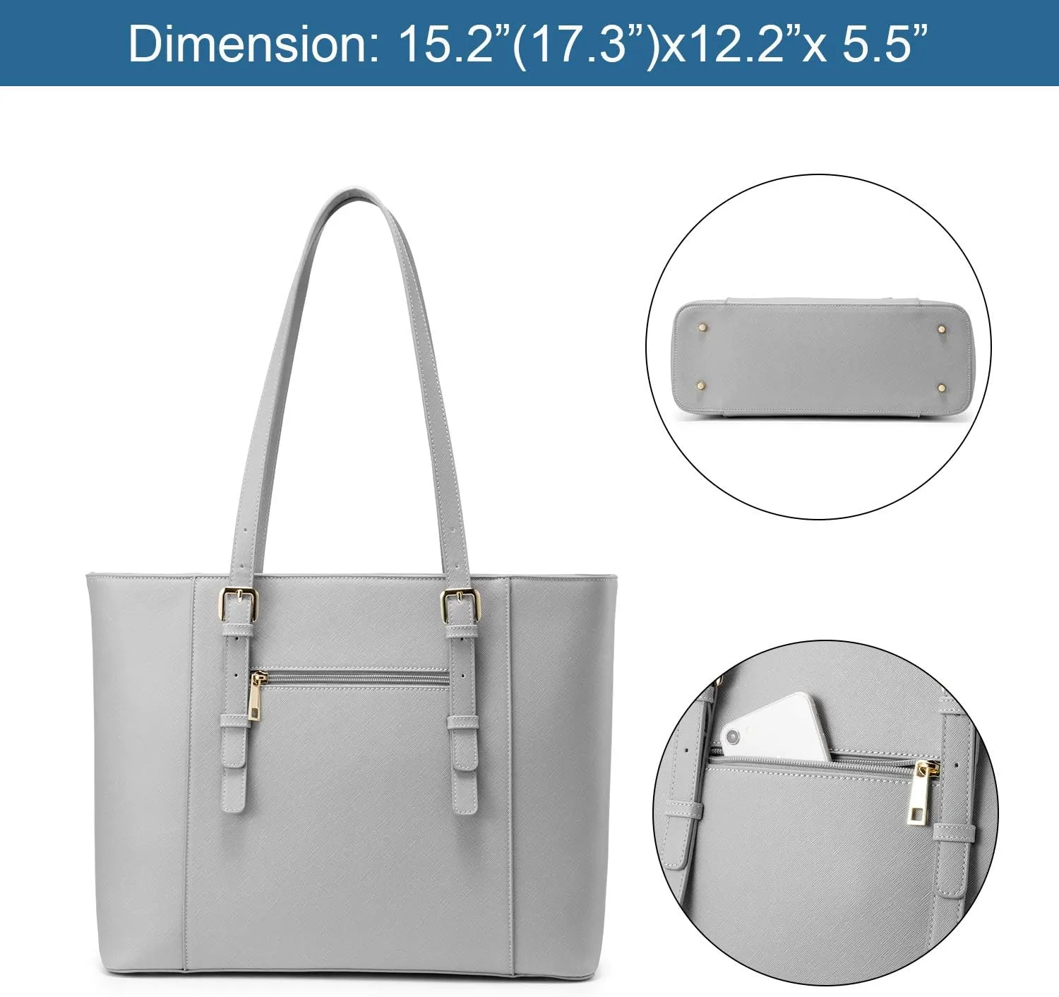 LOVEVOOK Laptop Bag for Women, Structured Leather Computer Bag, Professional Work Tote Purse, Teacher/Attorney’s Choice, Light-Grey
