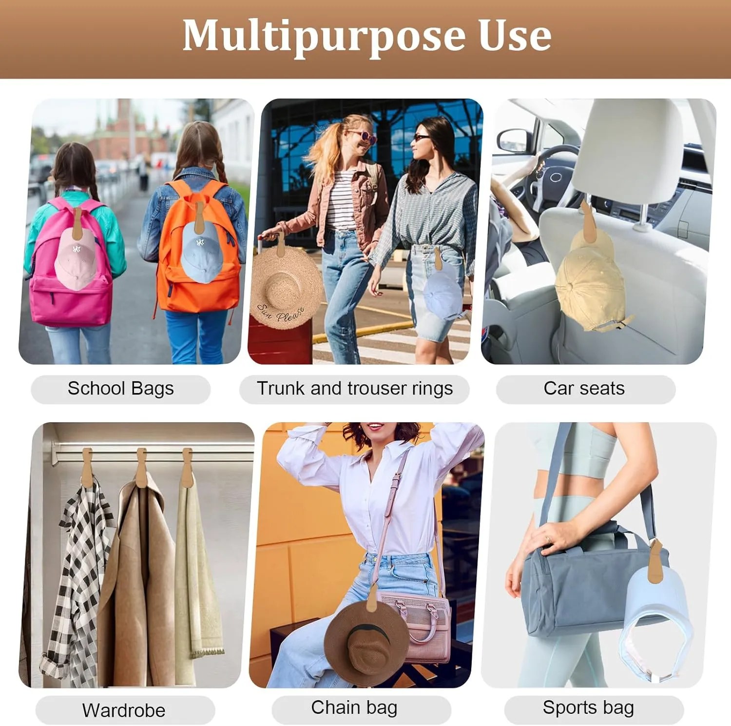 Magnetic Hat Clip for Travel on Bag, 2Pcs Brown Silicone Hat Clip Magnet Hat Holder Hat Hook for Bag Tote Luggage, Beach Straw Hat Carry Clip, Vacation Traveling Essentials Accessory