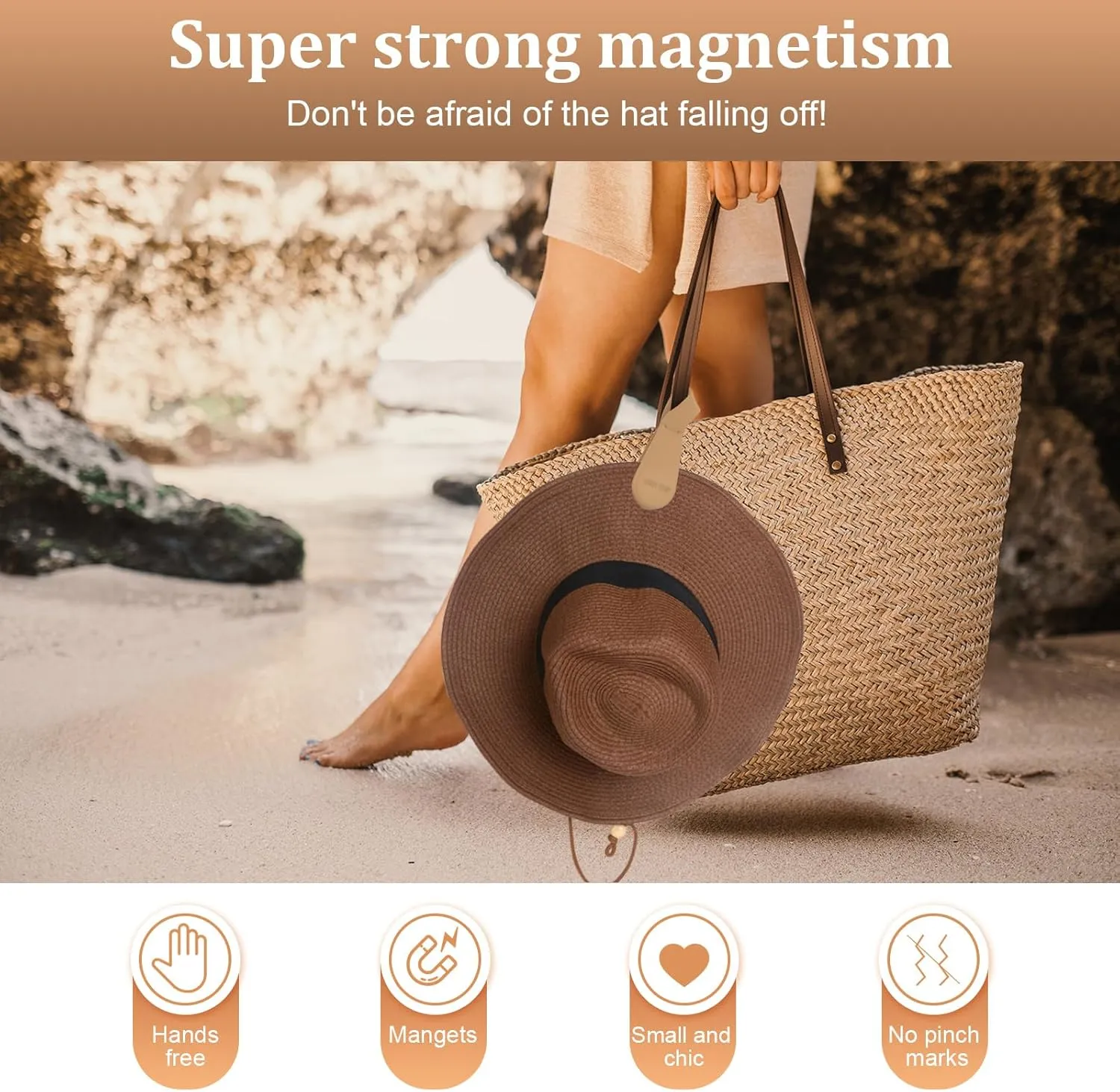 Magnetic Hat Clip for Travel on Bag, 2Pcs Brown Silicone Hat Clip Magnet Hat Holder Hat Hook for Bag Tote Luggage, Beach Straw Hat Carry Clip, Vacation Traveling Essentials Accessory