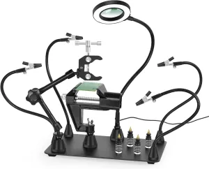Magnetic Helping Hands Soldering Third Hand, PCB Circuit Board Holder with 3X LED Magnifying Lamp, 360 Hot Air Gun Holder, Extra Large & Heavy Duty Base Plate | Flexible Arms for Soldering Station