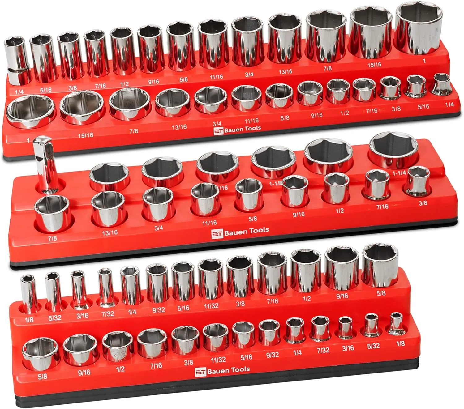 Magnetic Socket Organizer Set -3 Piece SAE Magnetic Socket Holder Set Red - 1/2-inch, 3/8-inch & 1/4-inch Drive, Holds 68 Sockets, Professional Grade Socket Tray Organizer.