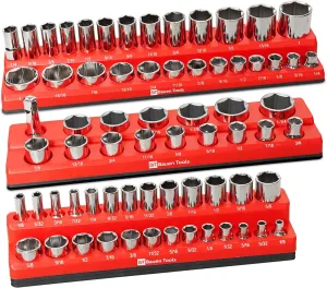 Magnetic Socket Organizer Set -3 Piece SAE Magnetic Socket Holder Set Red - 1/2-inch, 3/8-inch & 1/4-inch Drive, Holds 68 Sockets, Professional Grade Socket Tray Organizer.