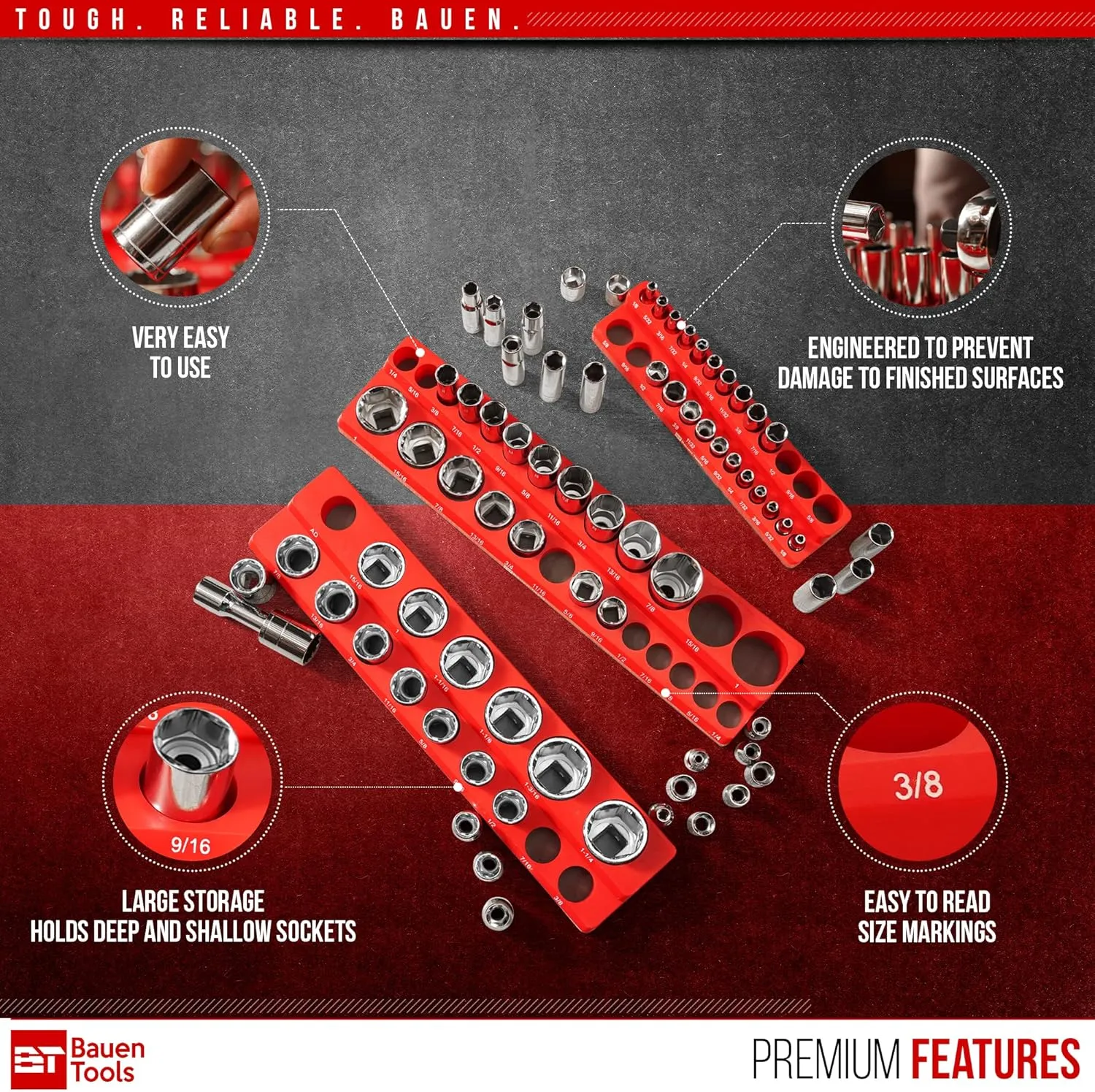 Magnetic Socket Organizer Set -3 Piece SAE Magnetic Socket Holder Set Red - 1/2-inch, 3/8-inch & 1/4-inch Drive, Holds 68 Sockets, Professional Grade Socket Tray Organizer.