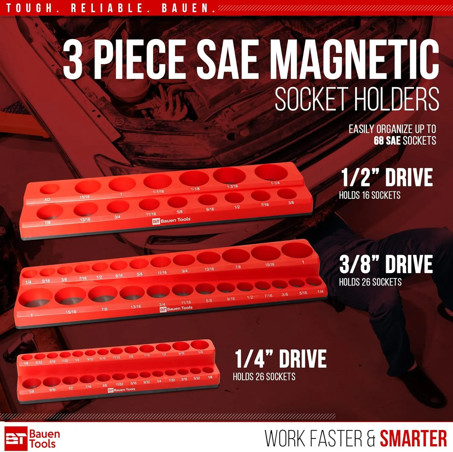 Magnetic Socket Organizer Set -3 Piece SAE Magnetic Socket Holder Set Red - 1/2-inch, 3/8-inch & 1/4-inch Drive, Holds 68 Sockets, Professional Grade Socket Tray Organizer.