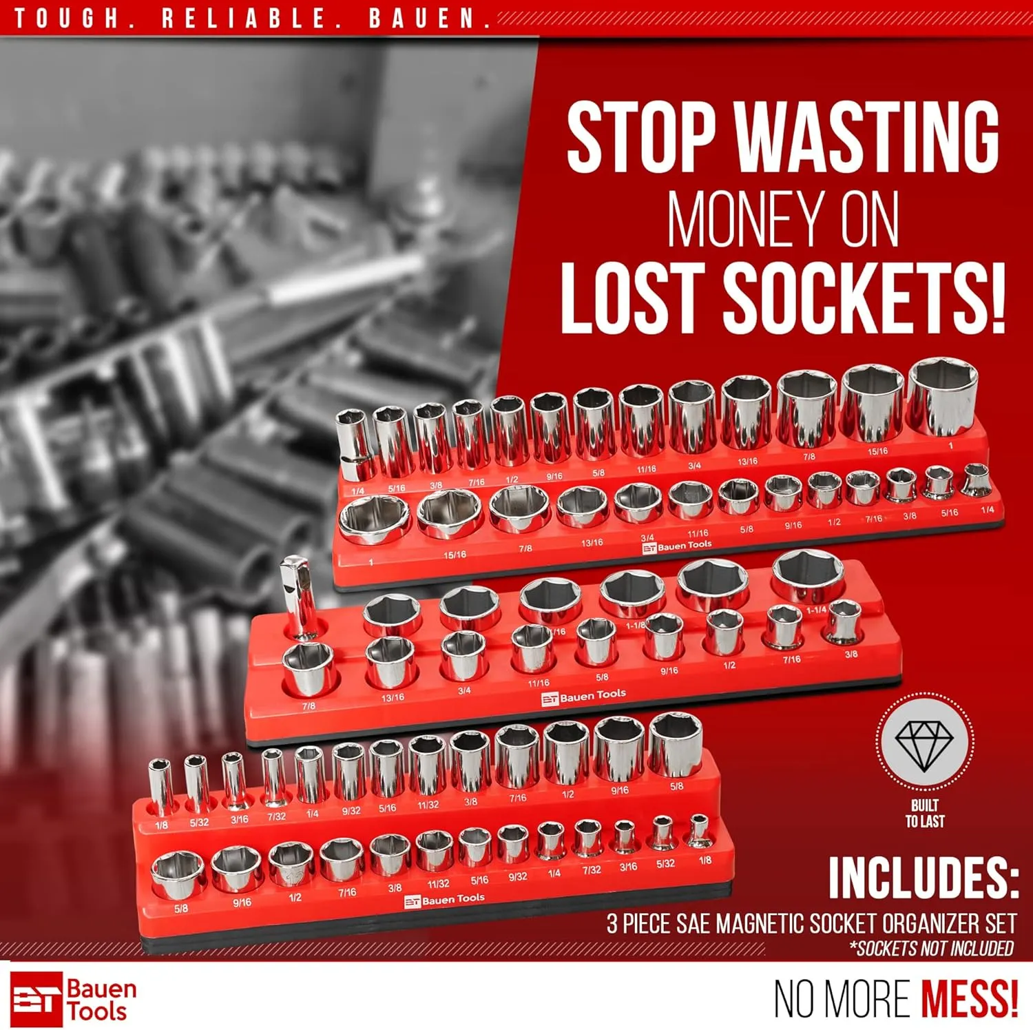 Magnetic Socket Organizer Set -3 Piece SAE Magnetic Socket Holder Set Red - 1/2-inch, 3/8-inch & 1/4-inch Drive, Holds 68 Sockets, Professional Grade Socket Tray Organizer.