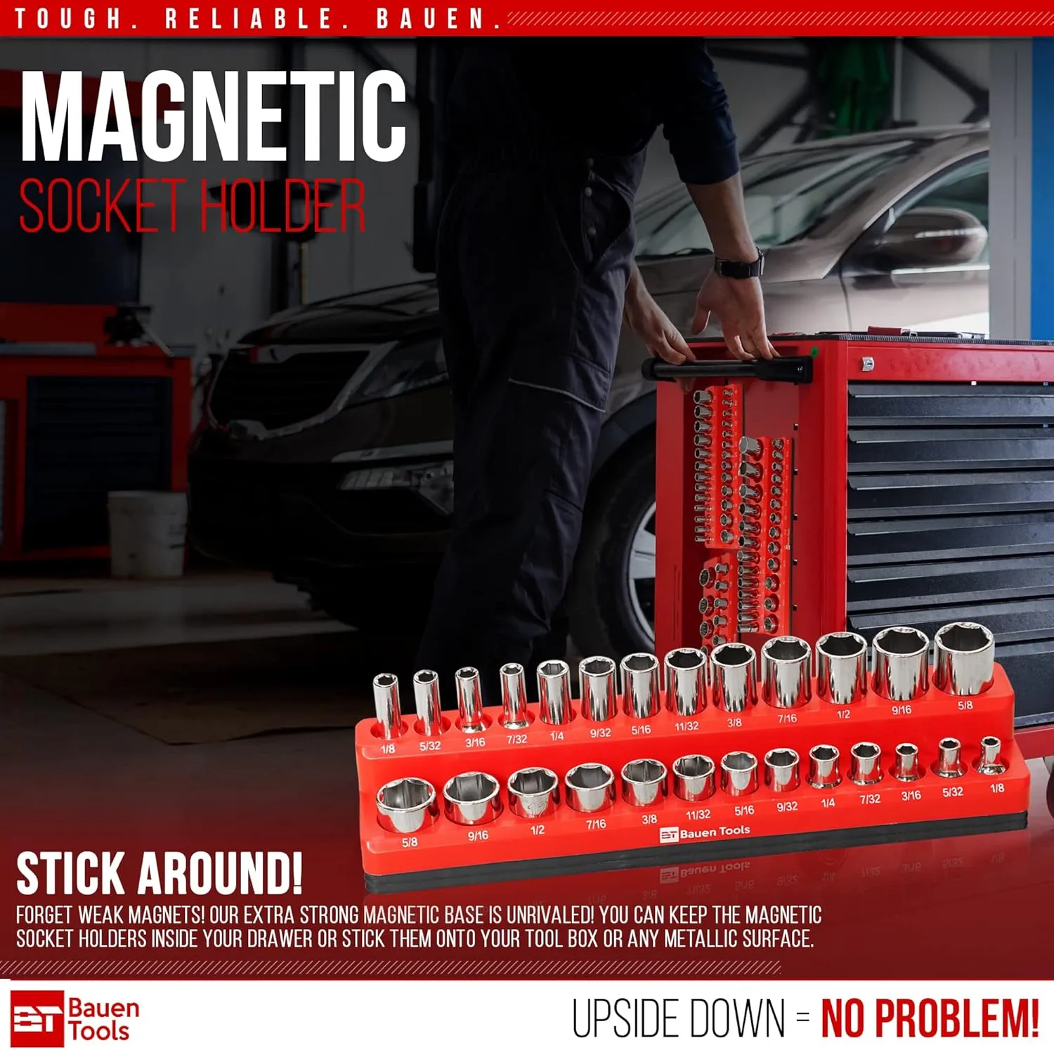 Magnetic Socket Organizer Set -3 Piece SAE Magnetic Socket Holder Set Red - 1/2-inch, 3/8-inch & 1/4-inch Drive, Holds 68 Sockets, Professional Grade Socket Tray Organizer.