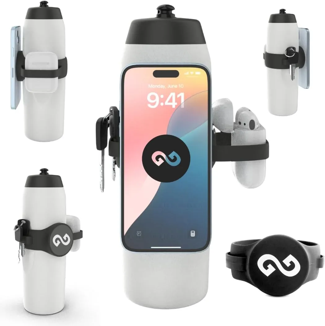 Magnetic Water Bottle Phone Holder – One-Piece Silicone Strap for Gym | Holds Phone, Keys & Earbuds | Fits 12–40 oz Bottles (Night Black)