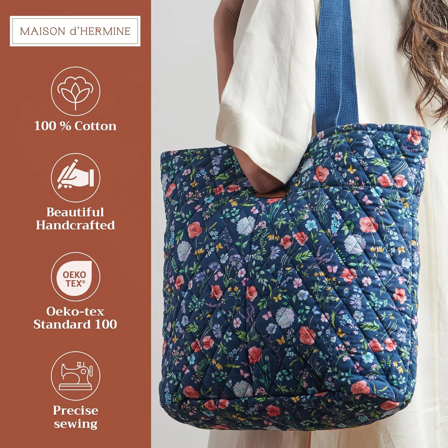 Maison d' Hermine Shopping Bag Cotton Quilted Tote Bag with Zipper Pockets & Small Pouch Grocery Bag for Work Travel Lunch