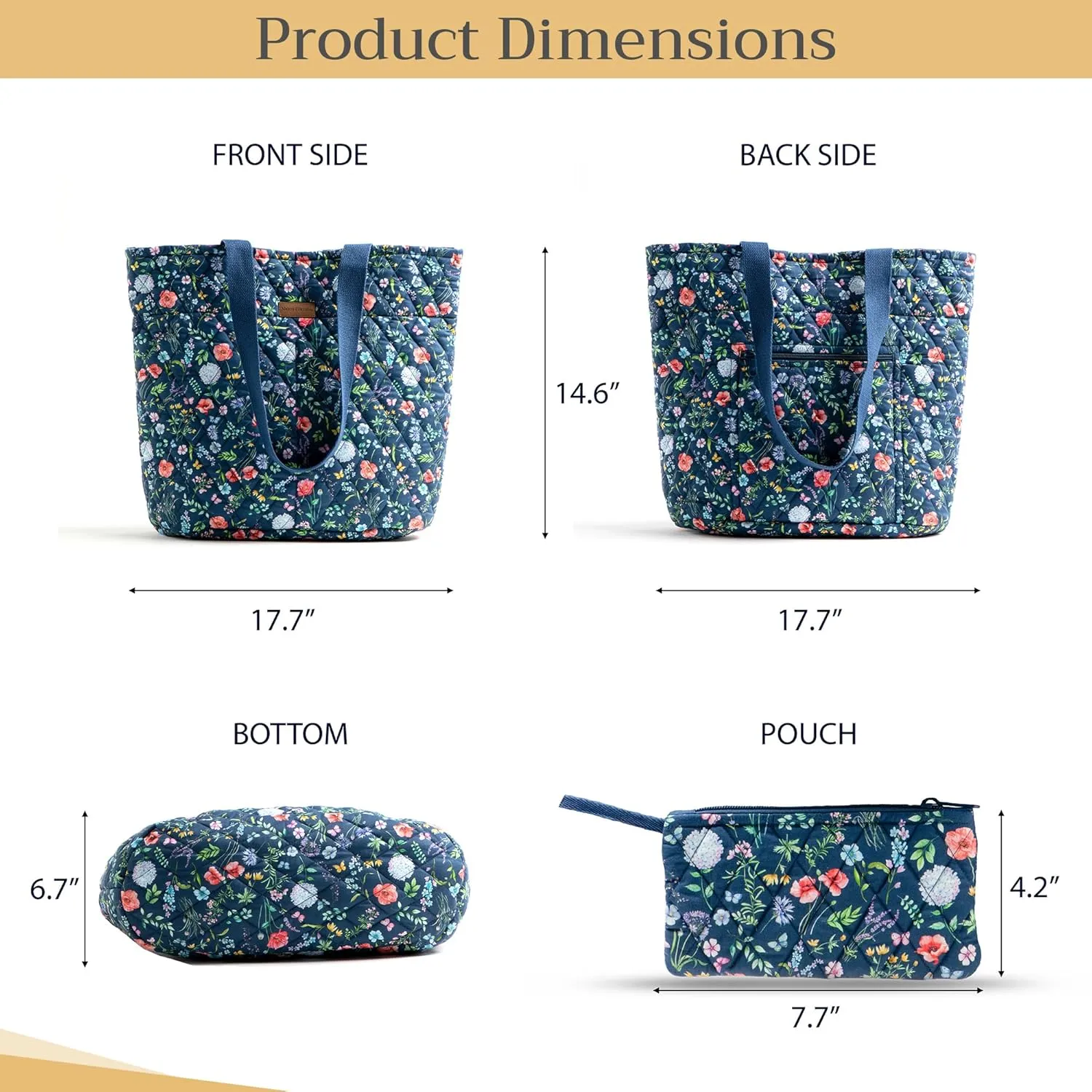 Maison d' Hermine Shopping Bag Cotton Quilted Tote Bag with Zipper Pockets & Small Pouch Grocery Bag for Work Travel Lunch