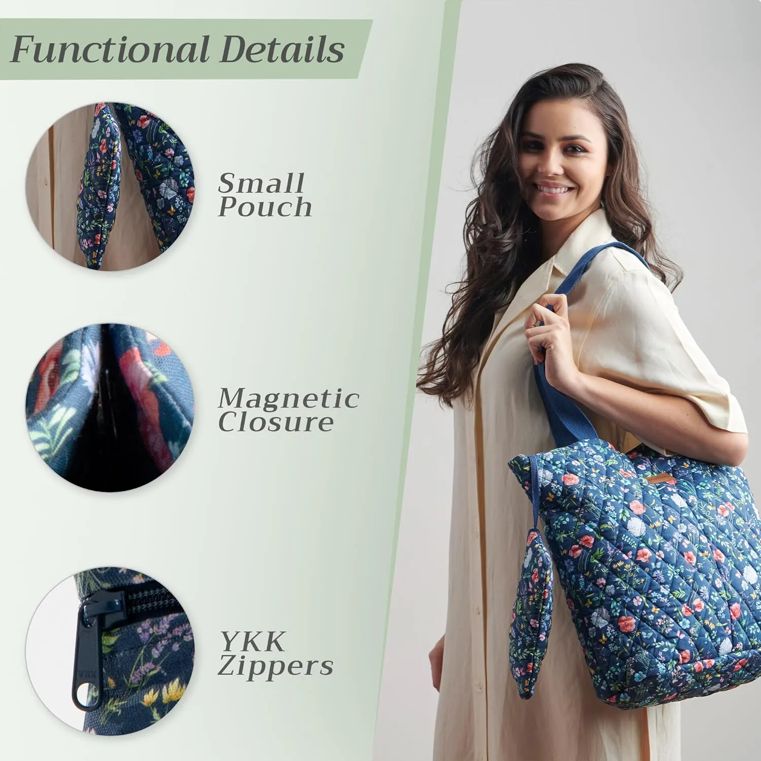 Maison d' Hermine Shopping Bag Cotton Quilted Tote Bag with Zipper Pockets & Small Pouch Grocery Bag for Work Travel Lunch