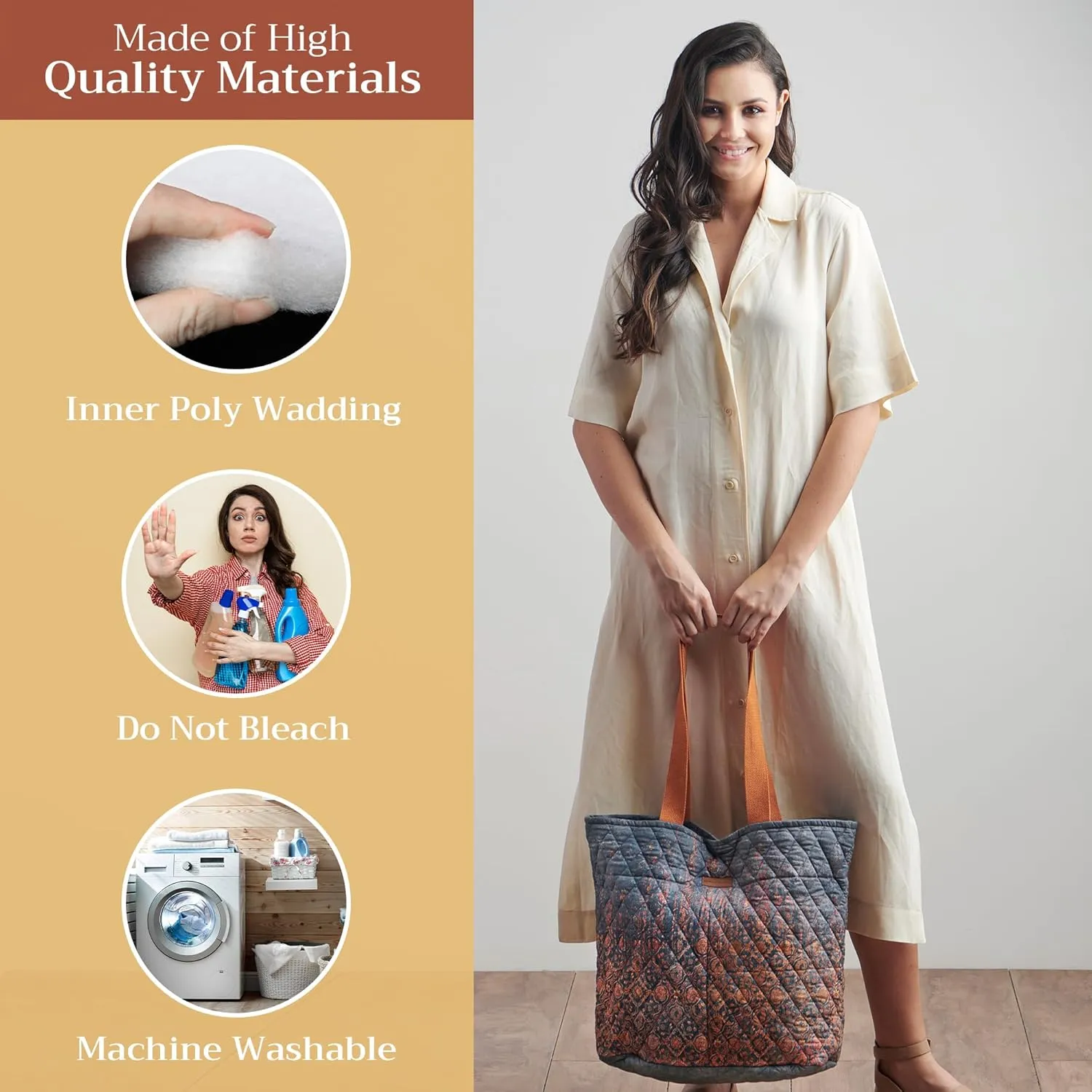 Maison d' Hermine Shopping Bag Cotton Quilted Tote Bag with Zipper Pockets & Small Pouch Grocery Bag for Work Travel Lunch
