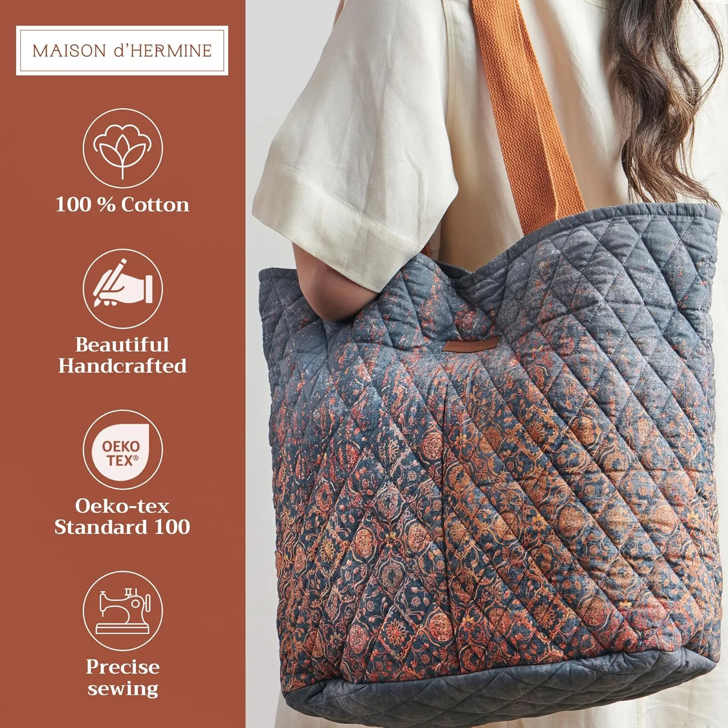 Maison d' Hermine Shopping Bag Cotton Quilted Tote Bag with Zipper Pockets & Small Pouch Grocery Bag for Work Travel Lunch
