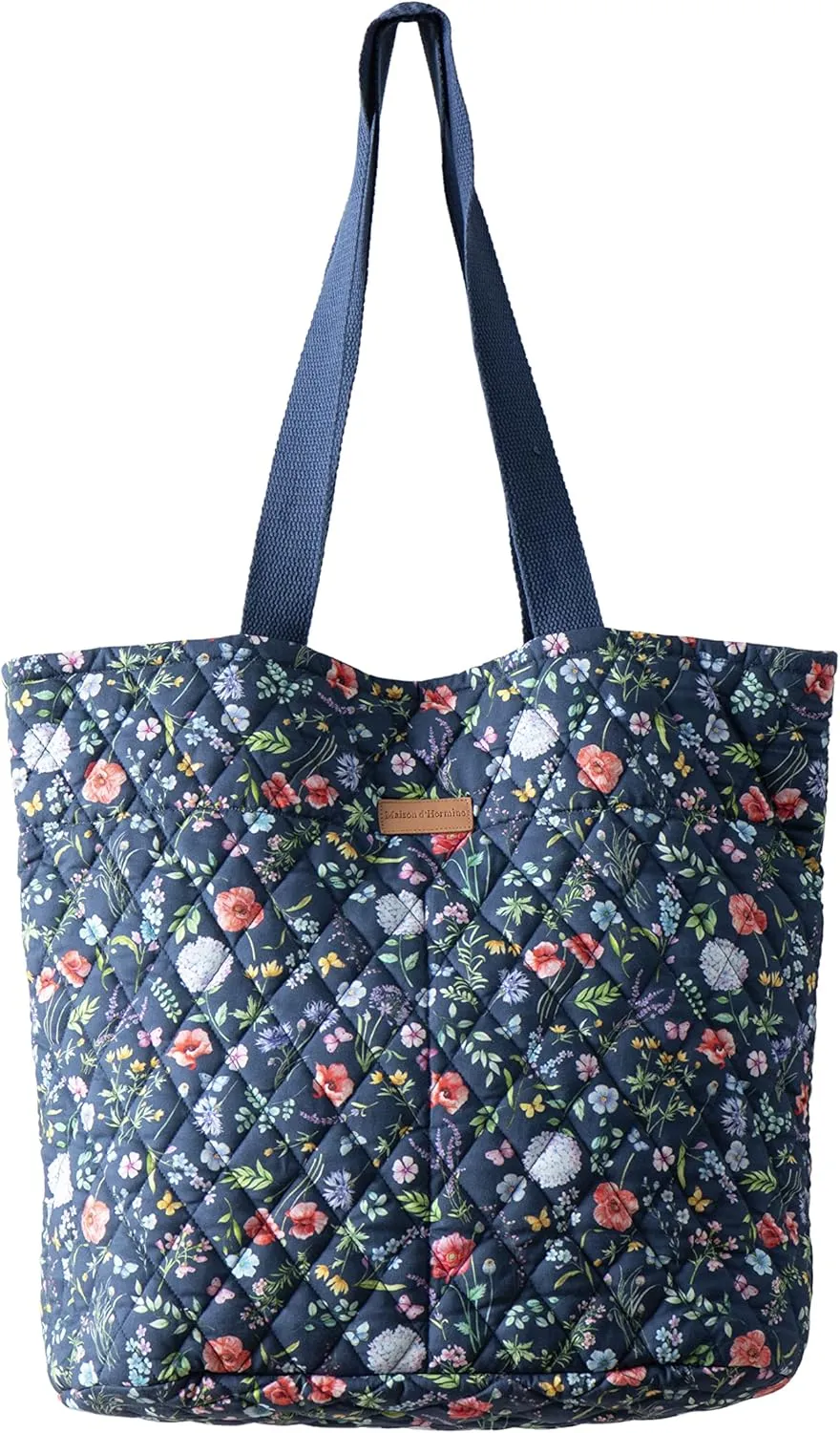 Maison d' Hermine Shopping Bag Cotton Quilted Tote Bag with Zipper Pockets & Small Pouch Grocery Bag for Work Travel Lunch