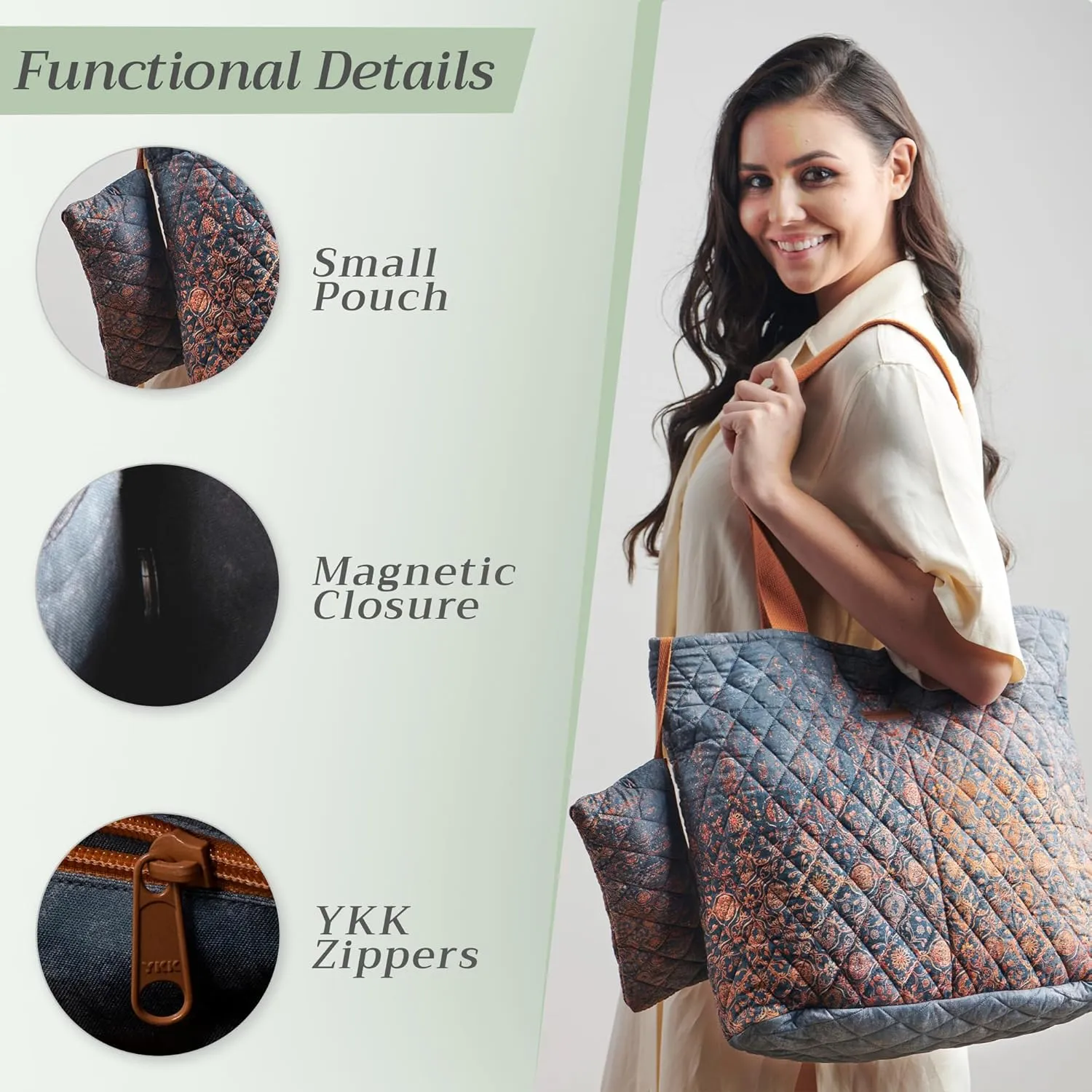Maison d' Hermine Shopping Bag Cotton Quilted Tote Bag with Zipper Pockets & Small Pouch Grocery Bag for Work Travel Lunch