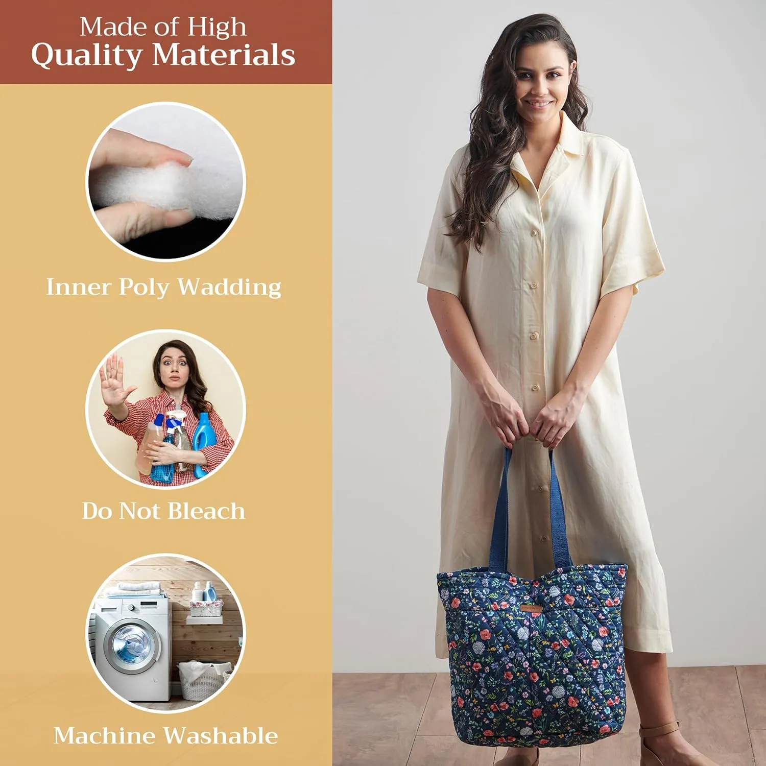 Maison d' Hermine Shopping Bag Cotton Quilted Tote Bag with Zipper Pockets & Small Pouch Grocery Bag for Work Travel Lunch