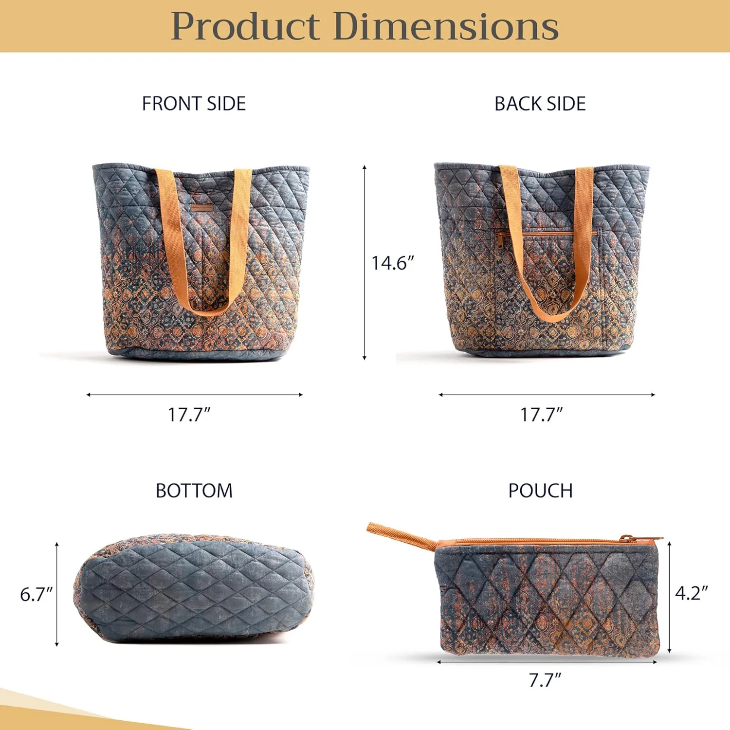 Maison d' Hermine Shopping Bag Cotton Quilted Tote Bag with Zipper Pockets & Small Pouch Grocery Bag for Work Travel Lunch