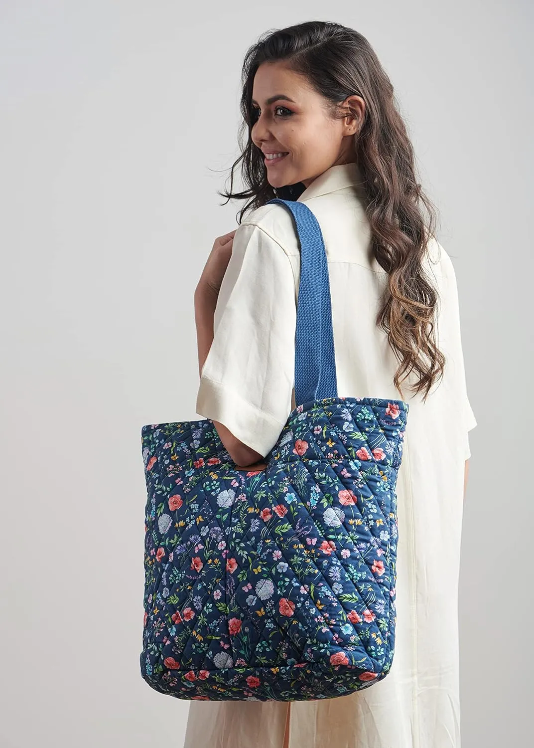 Maison d' Hermine Shopping Bag Cotton Quilted Tote Bag with Zipper Pockets & Small Pouch Grocery Bag for Work Travel Lunch