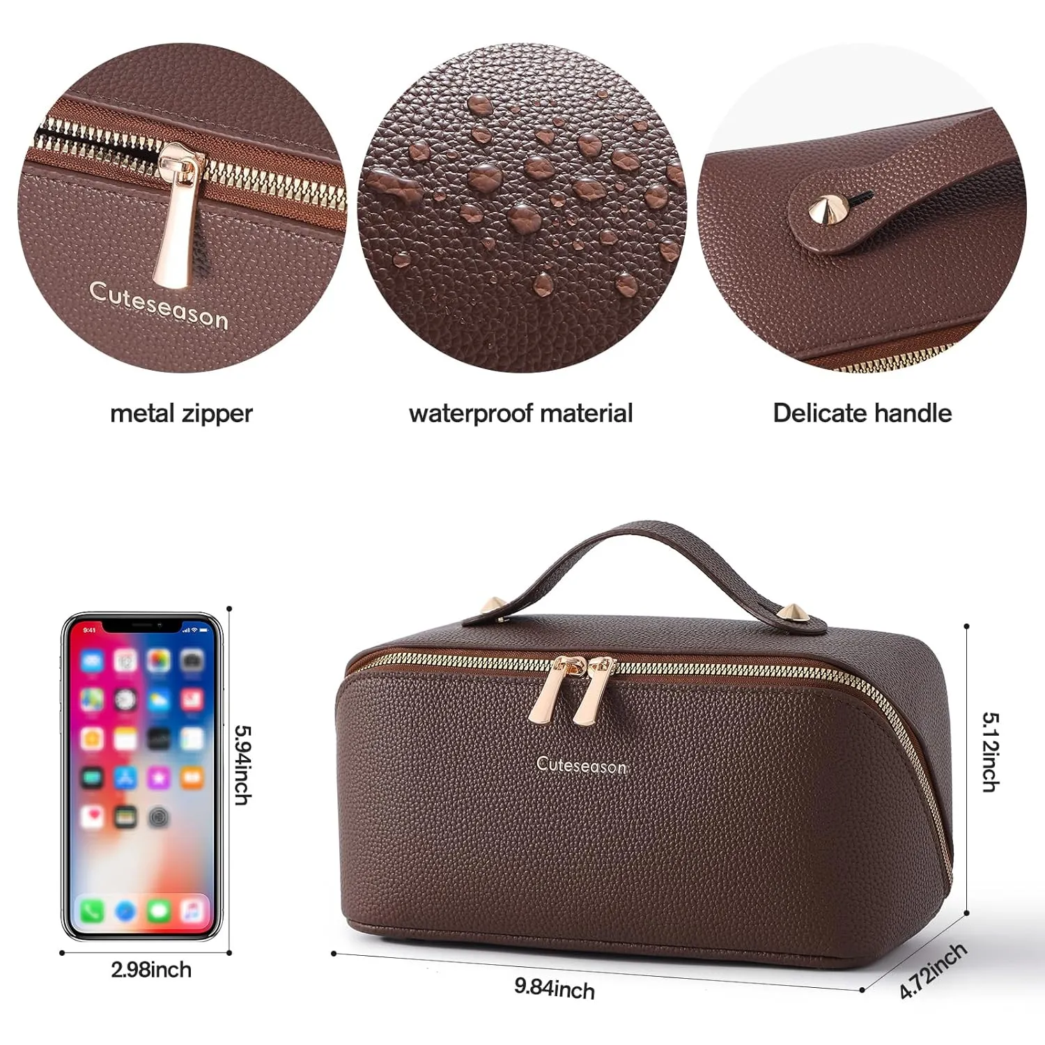 Makeup Bag, Travel Toiletry Bag for Women, Large Capacity Waterproof PU Leather Cosmetic Bags Make Up Organizer Bags with Headband and Wristband Set (Brown, Lychee Pattern)