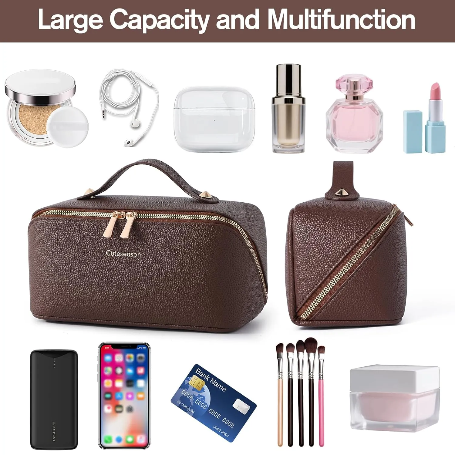 Makeup Bag, Travel Toiletry Bag for Women, Large Capacity Waterproof PU Leather Cosmetic Bags Make Up Organizer Bags with Headband and Wristband Set (Brown, Lychee Pattern)