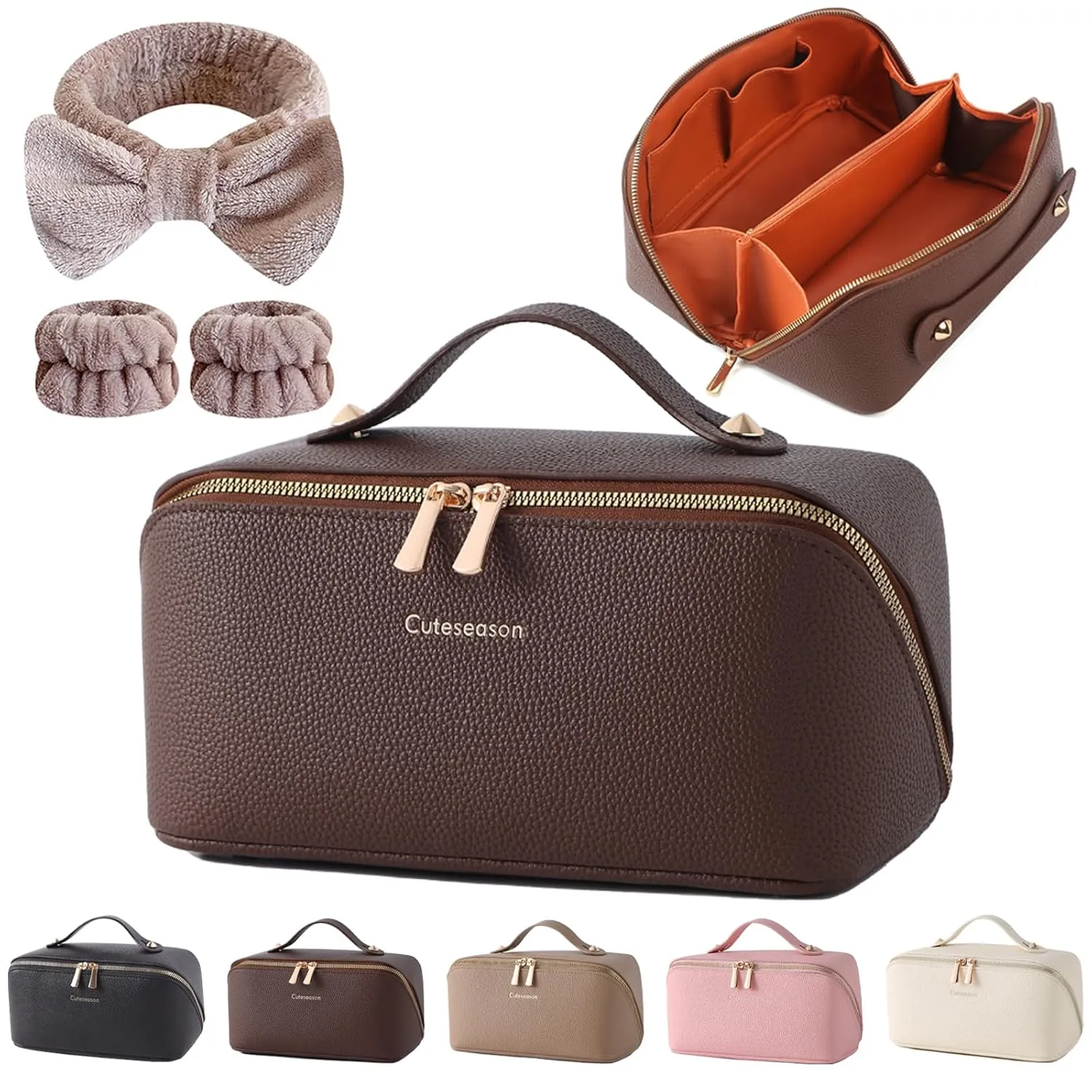 Makeup Bag, Travel Toiletry Bag for Women, Large Capacity Waterproof PU Leather Cosmetic Bags Make Up Organizer Bags with Headband and Wristband Set (Brown, Lychee Pattern)