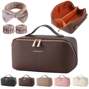 Makeup Bag, Travel Toiletry Bag for Women, Large Capacity Waterproof PU Leather Cosmetic Bags Make Up Organizer Bags with Headband and Wristband Set (Brown, Lychee Pattern)