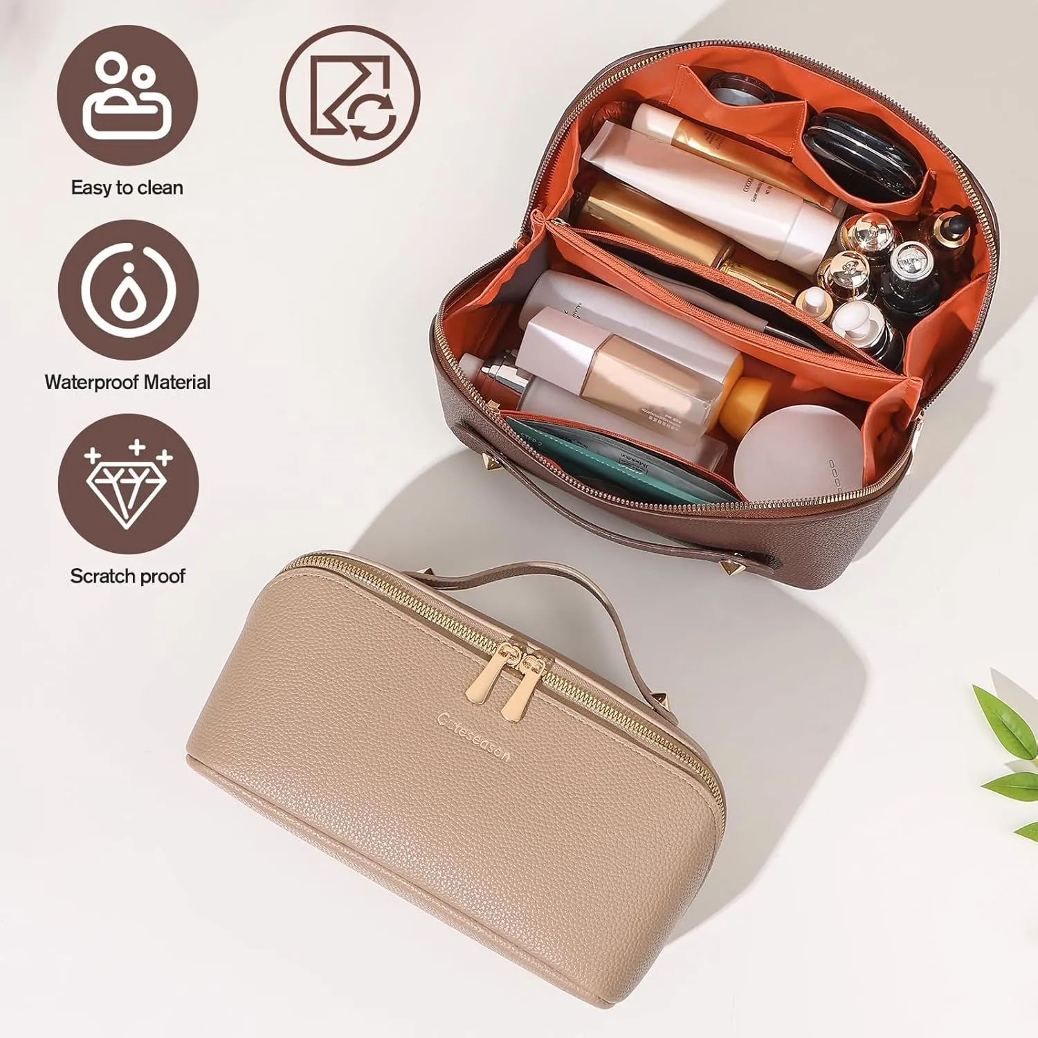 Makeup Bag, Travel Toiletry Bag for Women, Large Capacity Waterproof PU Leather Cosmetic Bags Make Up Organizer Bags with Headband and Wristband Set (Brown, Lychee Pattern)