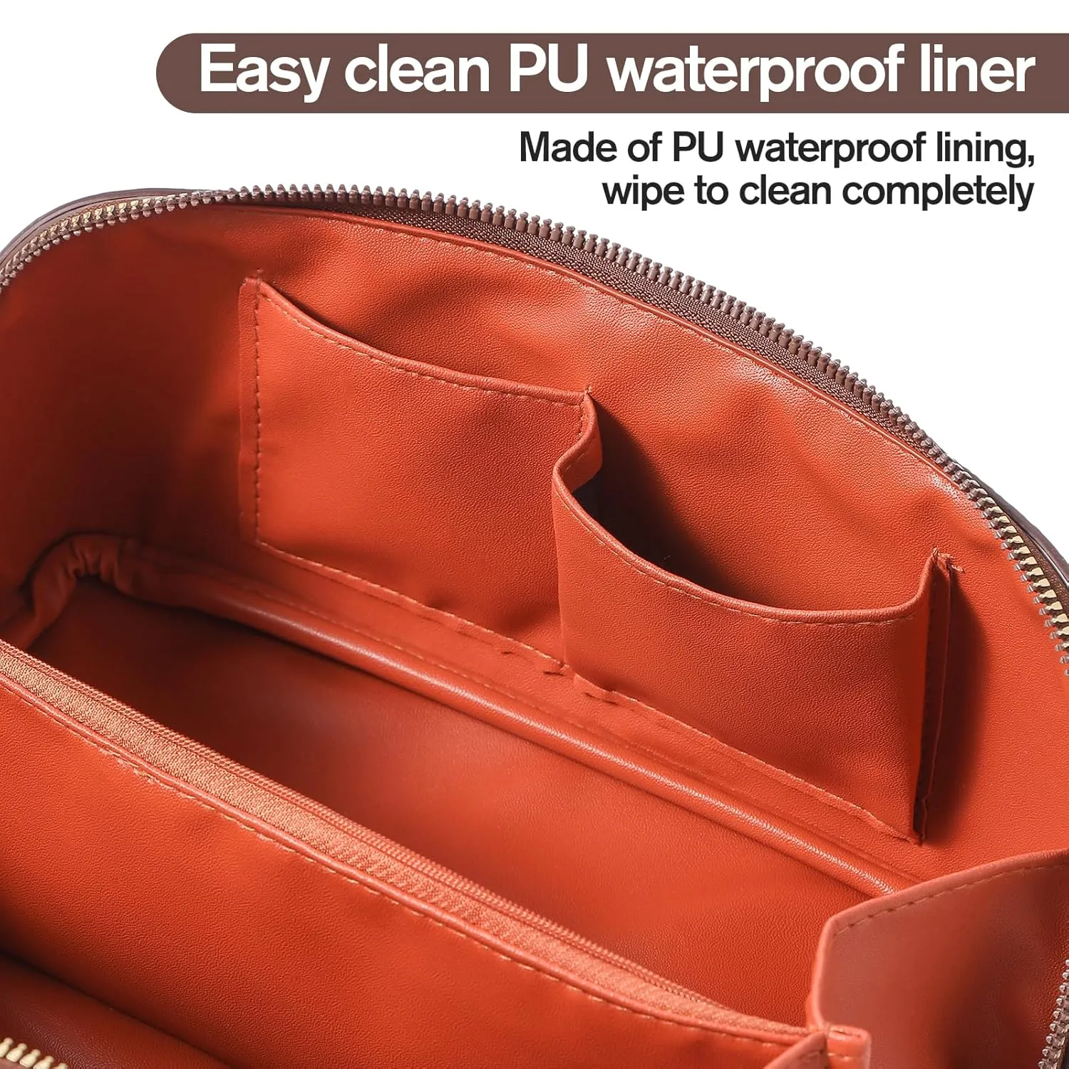 Makeup Bag, Travel Toiletry Bag for Women, Large Capacity Waterproof PU Leather Cosmetic Bags Make Up Organizer Bags with Headband and Wristband Set (Brown, Lychee Pattern)