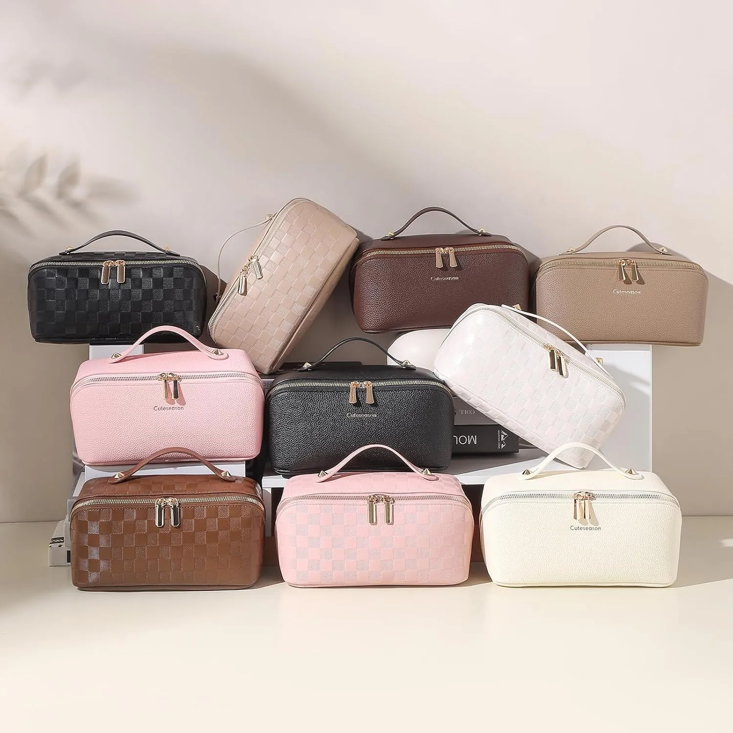 Makeup Bag, Travel Toiletry Bag for Women, Large Capacity Waterproof PU Leather Cosmetic Bags Make Up Organizer Bags with Headband and Wristband Set (Brown, Lychee Pattern)