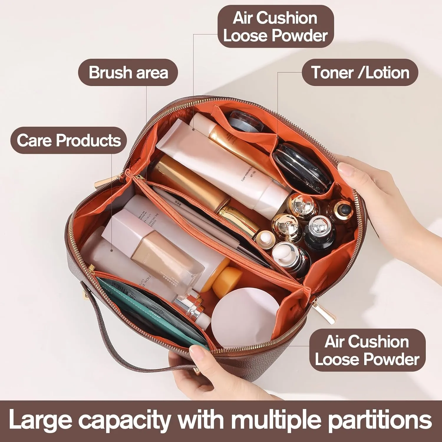 Makeup Bag, Travel Toiletry Bag for Women, Large Capacity Waterproof PU Leather Cosmetic Bags Make Up Organizer Bags with Headband and Wristband Set (Brown, Lychee Pattern)