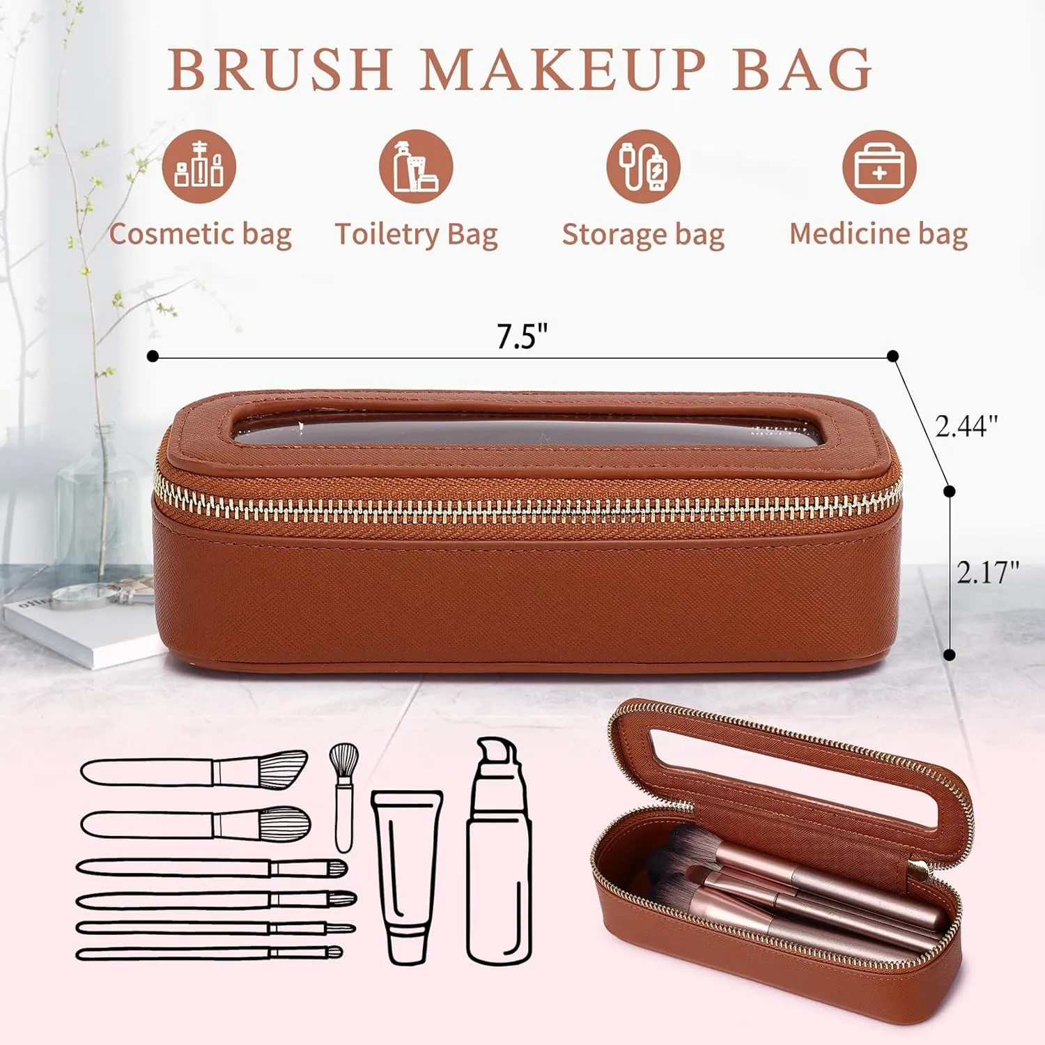 Makeup Brush Bag Slim Clear Makeup Bag Travel Cosmetic Case and Brush Holder Waterproof Toiletry Makeup Bag with Zipper Purse Organizer for Women (Brown, Slim)