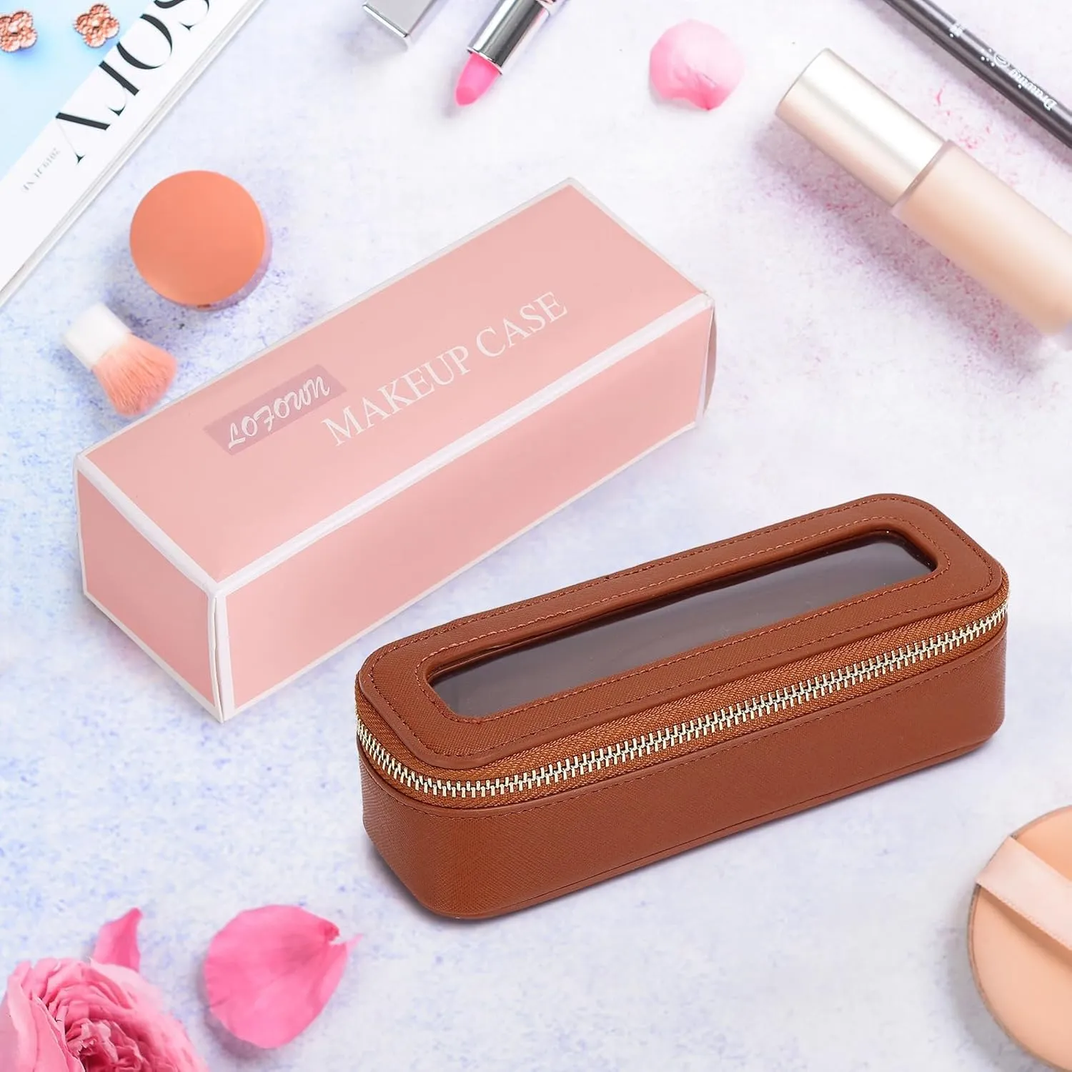 Makeup Brush Bag Slim Clear Makeup Bag Travel Cosmetic Case and Brush Holder Waterproof Toiletry Makeup Bag with Zipper Purse Organizer for Women (Brown, Slim)