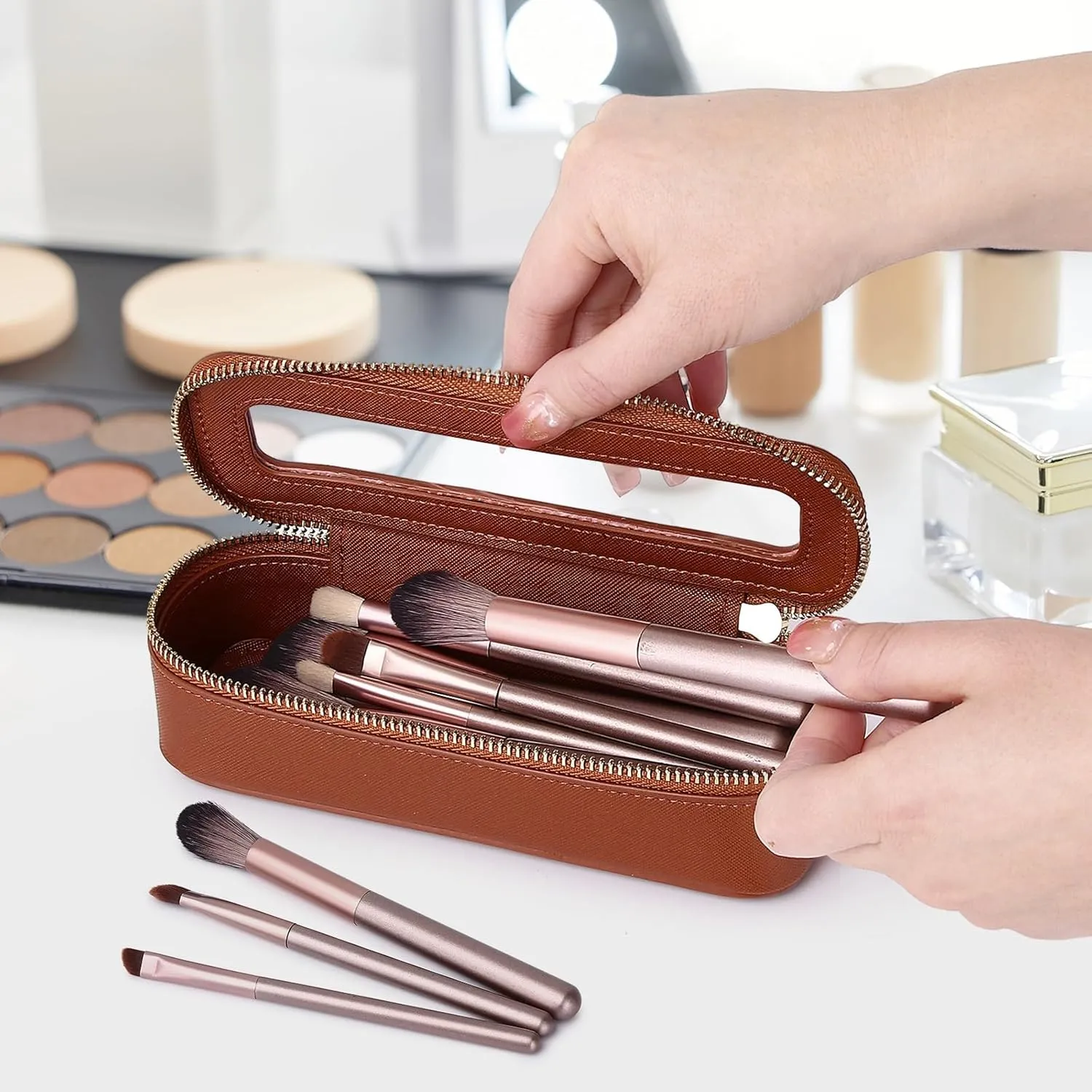 Makeup Brush Bag Slim Clear Makeup Bag Travel Cosmetic Case and Brush Holder Waterproof Toiletry Makeup Bag with Zipper Purse Organizer for Women (Brown, Slim)