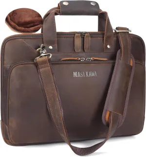 Masa Kawa Slim Leather Briefcase for Men 360° Protective Laptop Bag for 15.6 Inch 16" Computer, Crossbody Shoulder Messenger Bag Attache Case for Office Work Business Travel Lawyer, Vintage Brown