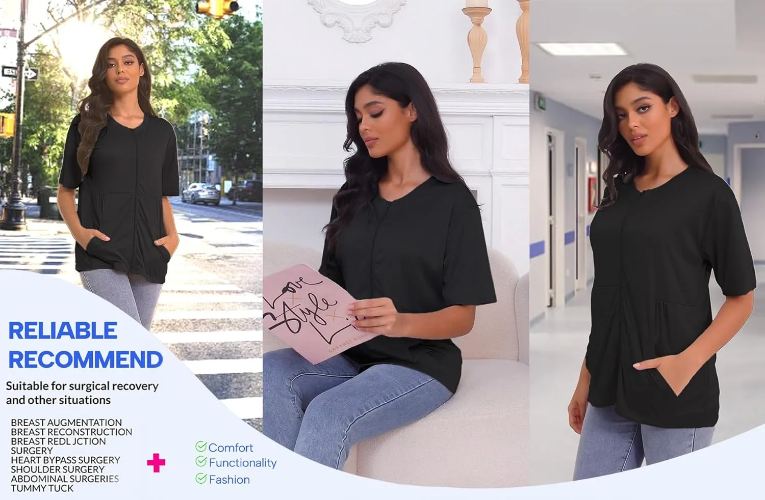 Mastectomy Shirts with Drain Pockets Full Front Zip Short Sleeve Shirts for Women Post Mastectomy Recovery Must Haves
