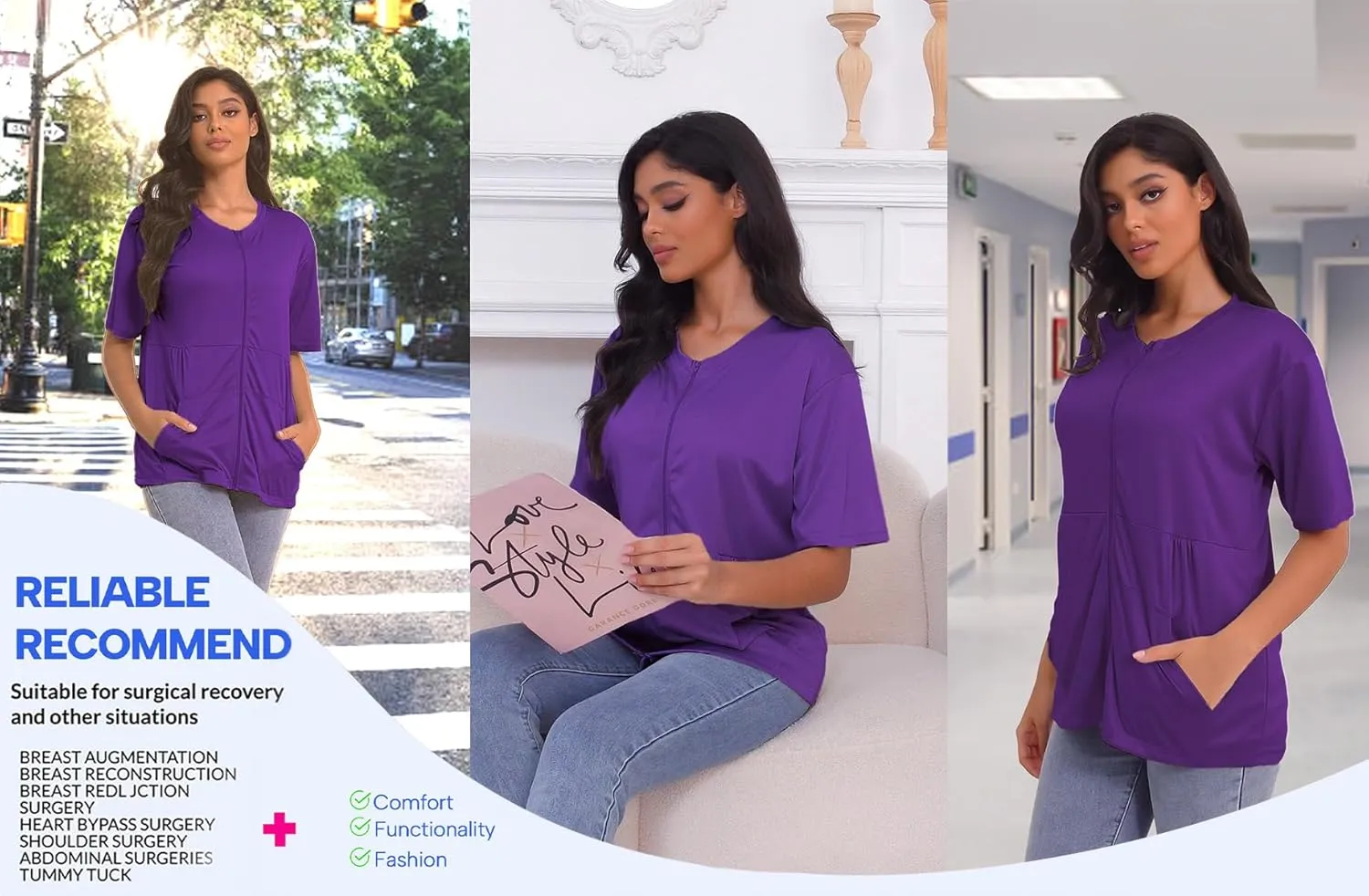 Mastectomy Shirts with Drain Pockets Full Front Zip Short Sleeve Shirts for Women Post Mastectomy Recovery Must Haves